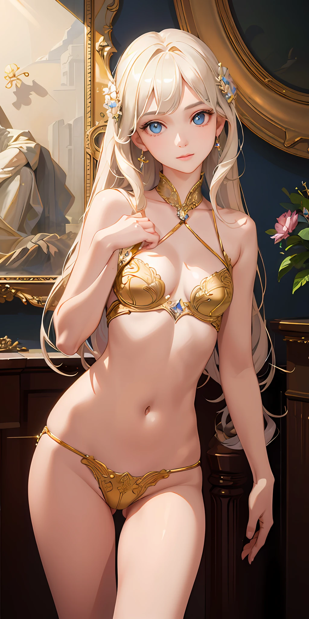(Photorealistic:1.4), (Masterpiece, Sidelight, Exquisite Beautiful Eyes: 1.2), Masterpiece*Portrait, Realistic, 3D Face, Glistening Eyes, Glossy Hair, Glossy Skin,Small, Solo, Embarrassing, (Abdomen),