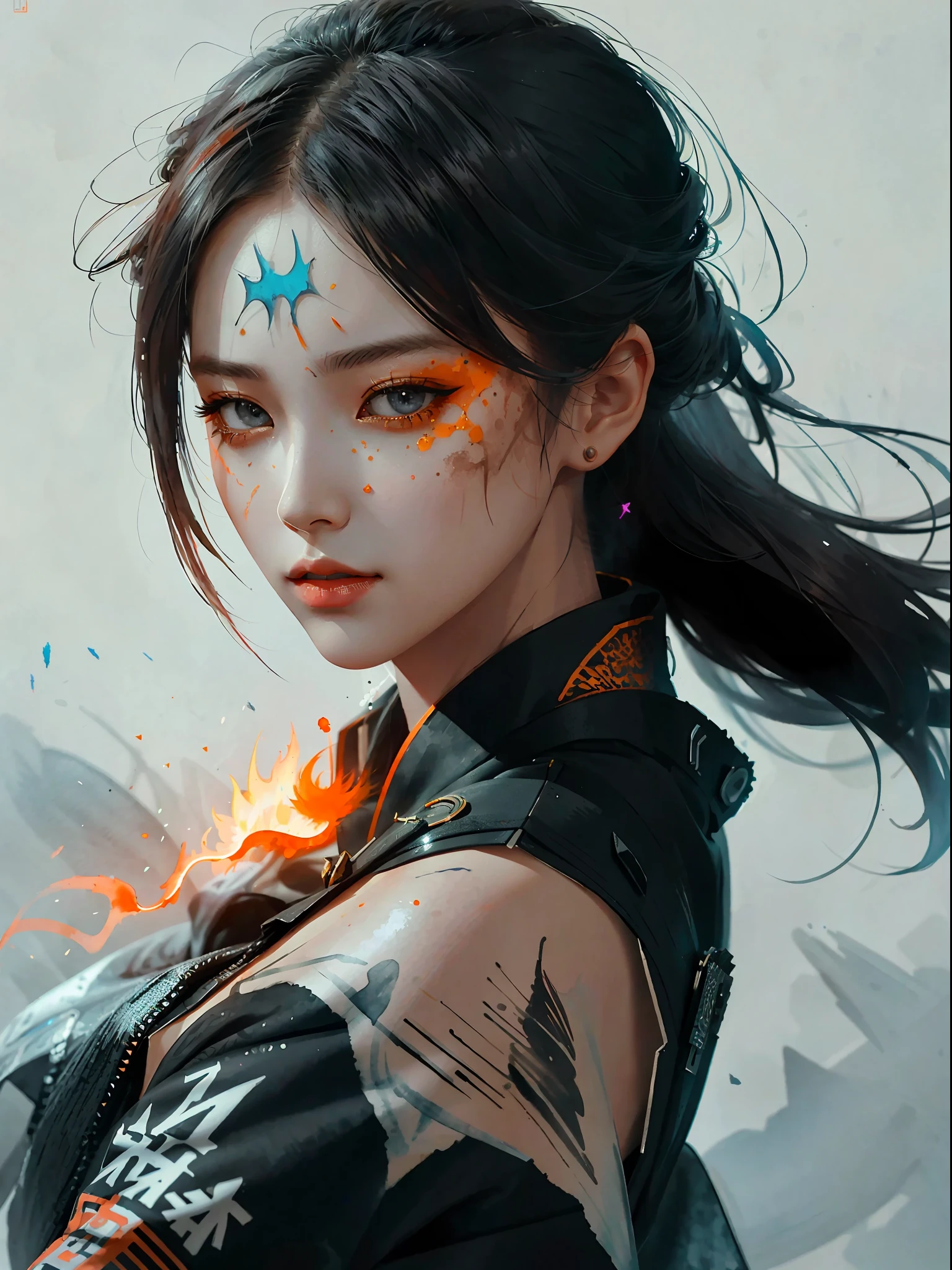 face portrait of MeiyuCipher 1girl orange spike aura in motion, damaged chinese clothes, floating pieces, trending on artstation, sharp focus, intricate details, highly detailed, detailed face (ink and watercolor painting, brushstrokes, by Russ Mills and Yoji Shinkawa) best quality, absurdres, (negative space) ,
