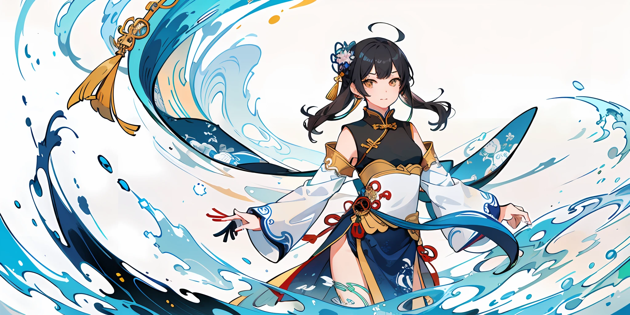1girl,solo,looking at viewer,white chinese clothes,ink splash,kung fu,floating water,space,simple background,(Masterpiece, best quality, very detailed CG, complex details: 1.2),(((extremely chinese colorful ink)))),((extremely detailed ink background)),((flat color)),{{ink splashing}},