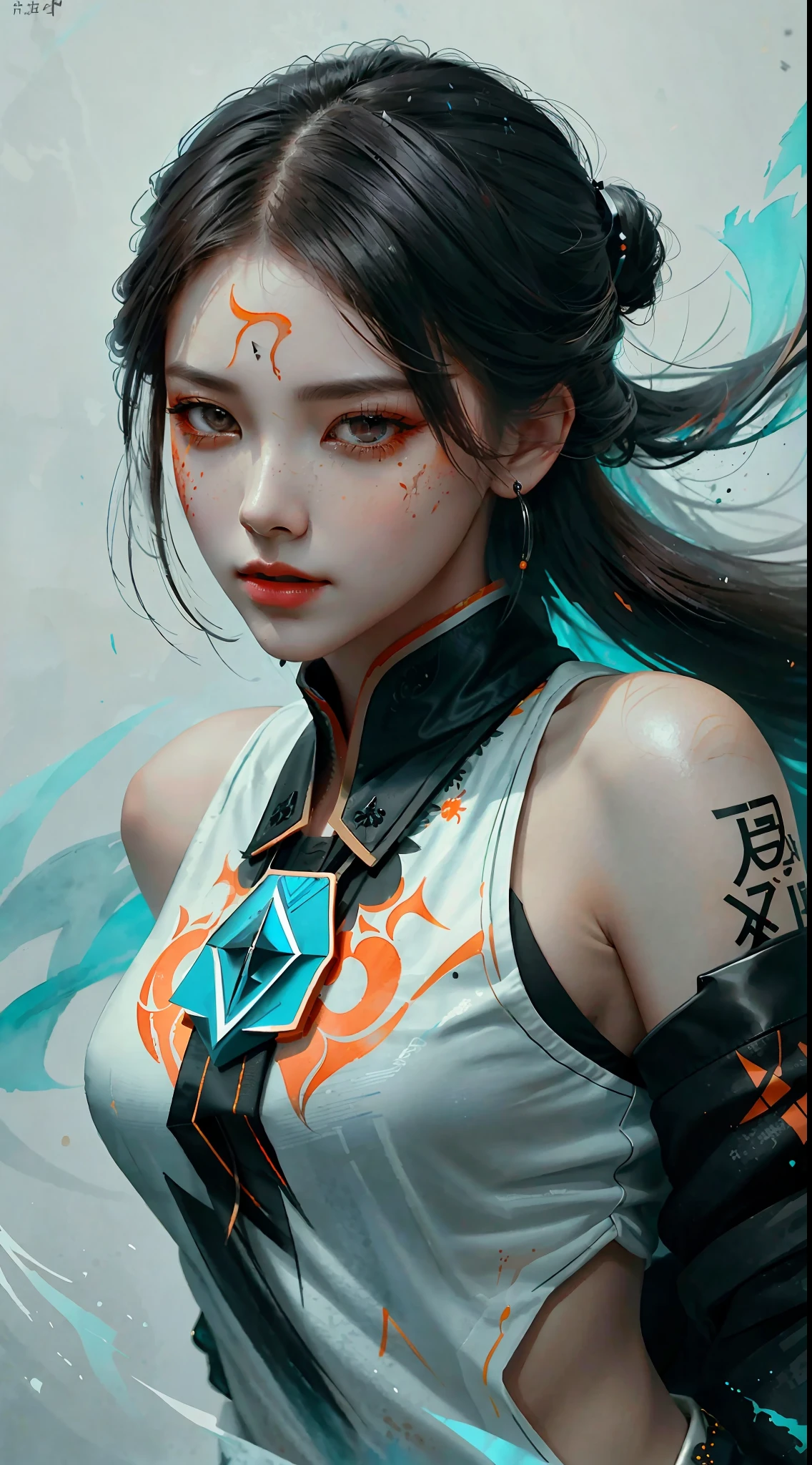 face portrait of MeiyuCipher 1girl orange spike aura in motion, damaged chinese clothes, floating pieces, trending on artstation, sharp focus, intricate details, highly detailed, detailed face (ink and watercolor painting, brushstrokes, by Russ Mills and Yoji Shinkawa) best quality, absurdres, (negative space) ,