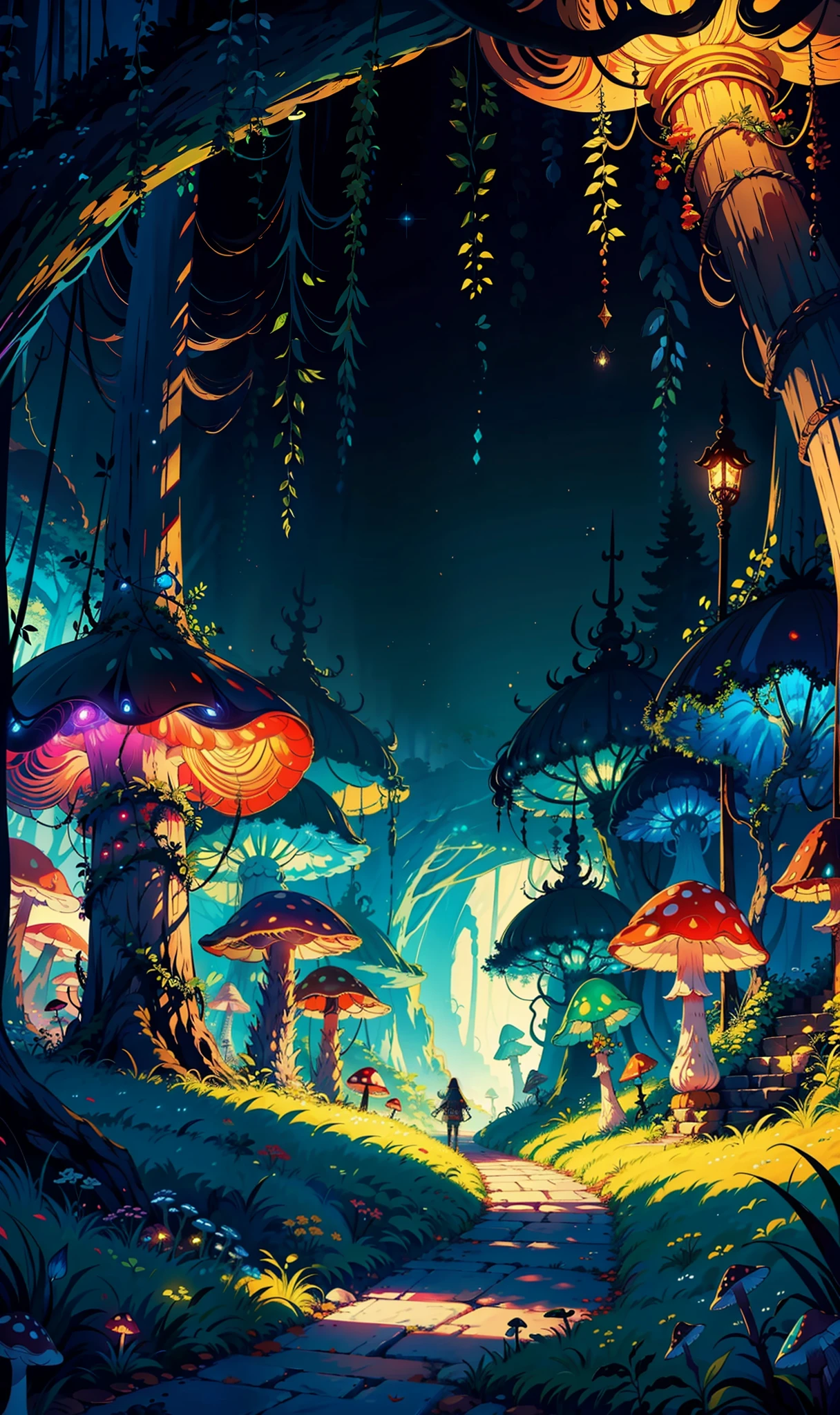 (Masterpiece: 1.2, Best Quality), (Intricate Detail, Depth of Field), Fantasy, Complex Background, Underground Elf City, Great Glowing Mushroom Forest, Colorful, Underworld, Cave Interior, Colorful, 8K, Vivid Colors --v 6