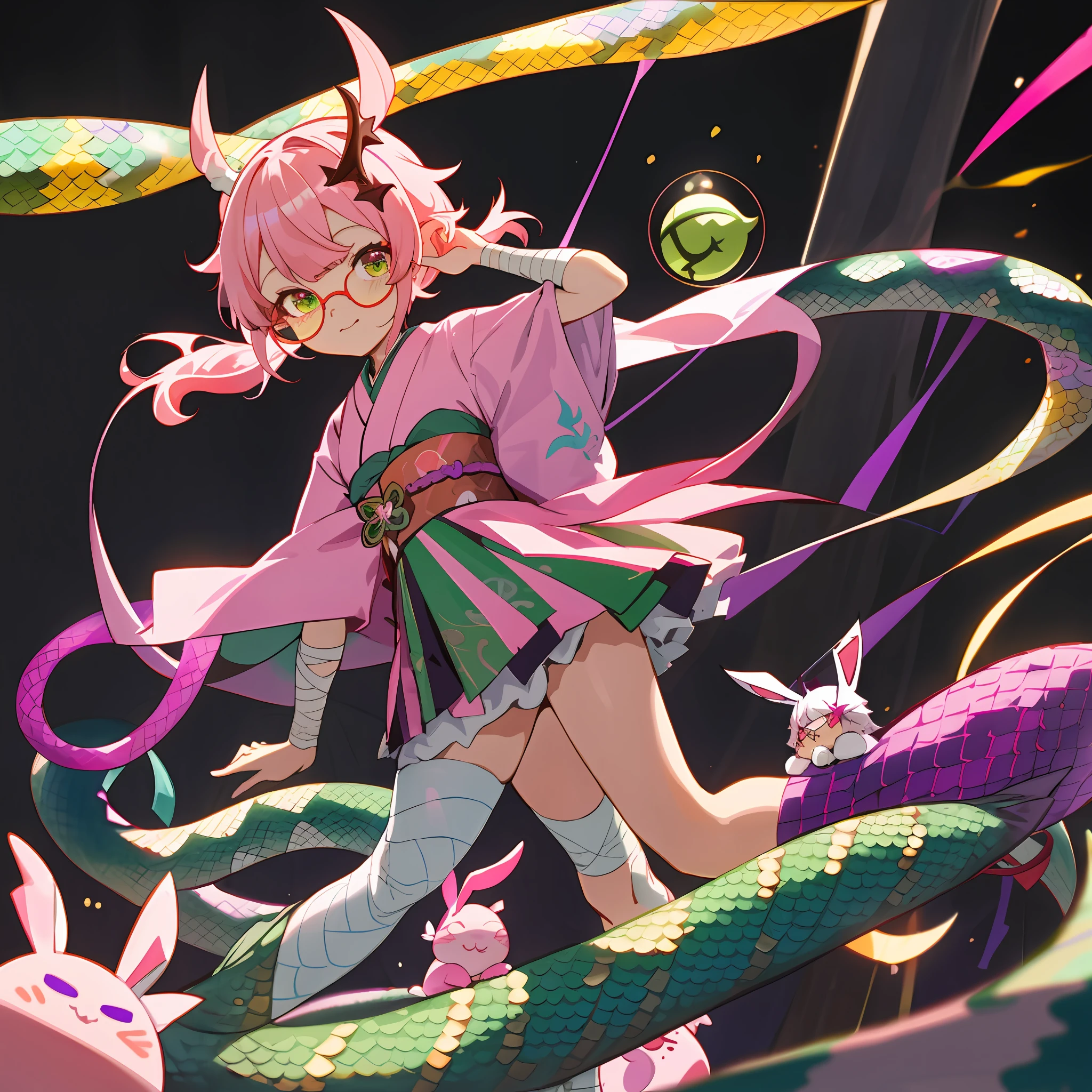 A loli Vtuber model with one brown and one green eye, round light brown glasses, one purple horn, with snake chinking bunny tattoo, the character has a devil tail and mermaid ears, dressed in kimono, has a genshin impact dendro vision, right leg is full of bandages,.light pink hair with bangs