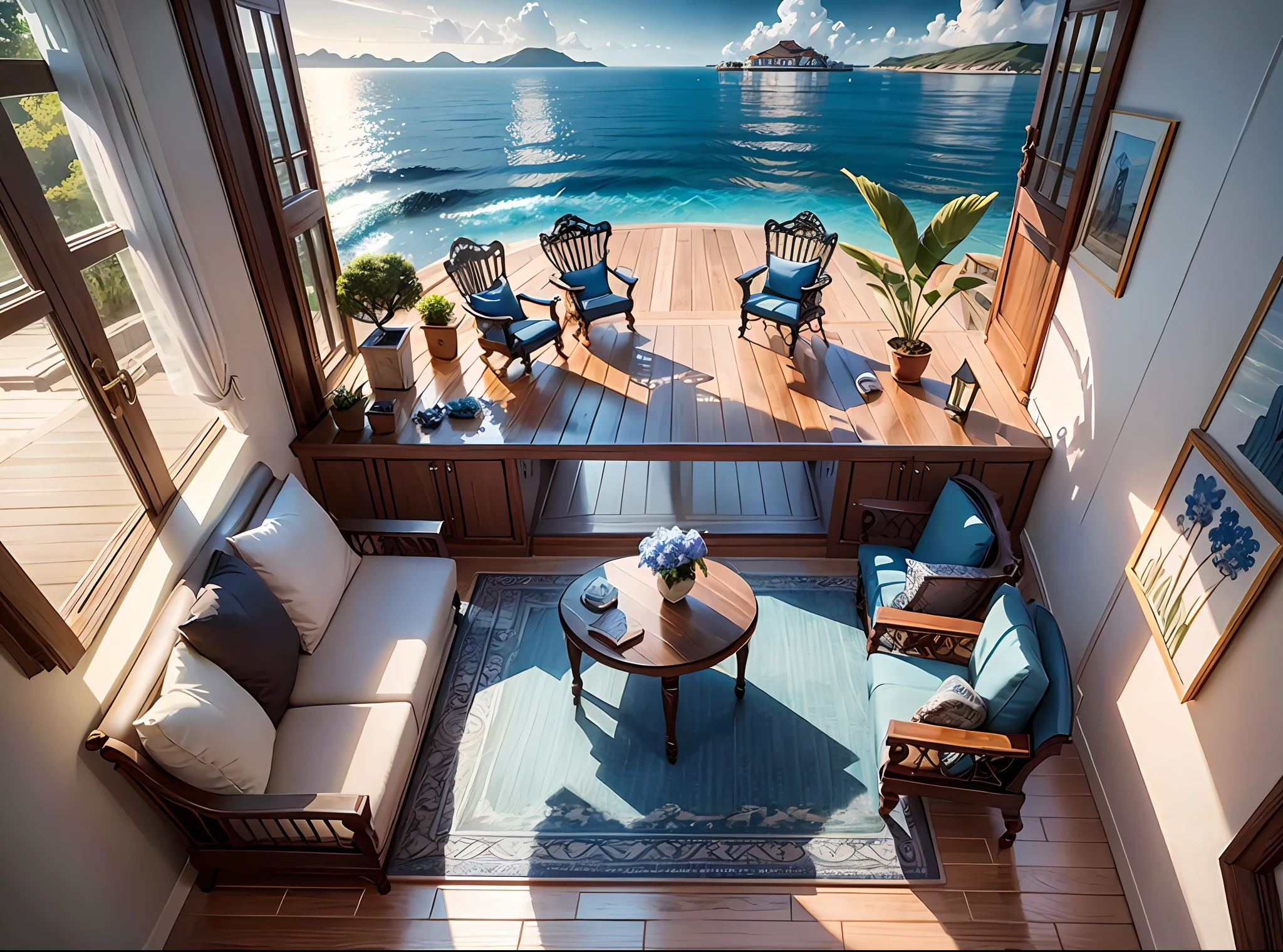 An island with a two-storey villa on a blue sea, film style, moonlight, panorama, architectural rendering, detail, award winning, masterpiece, highest quality --v 6