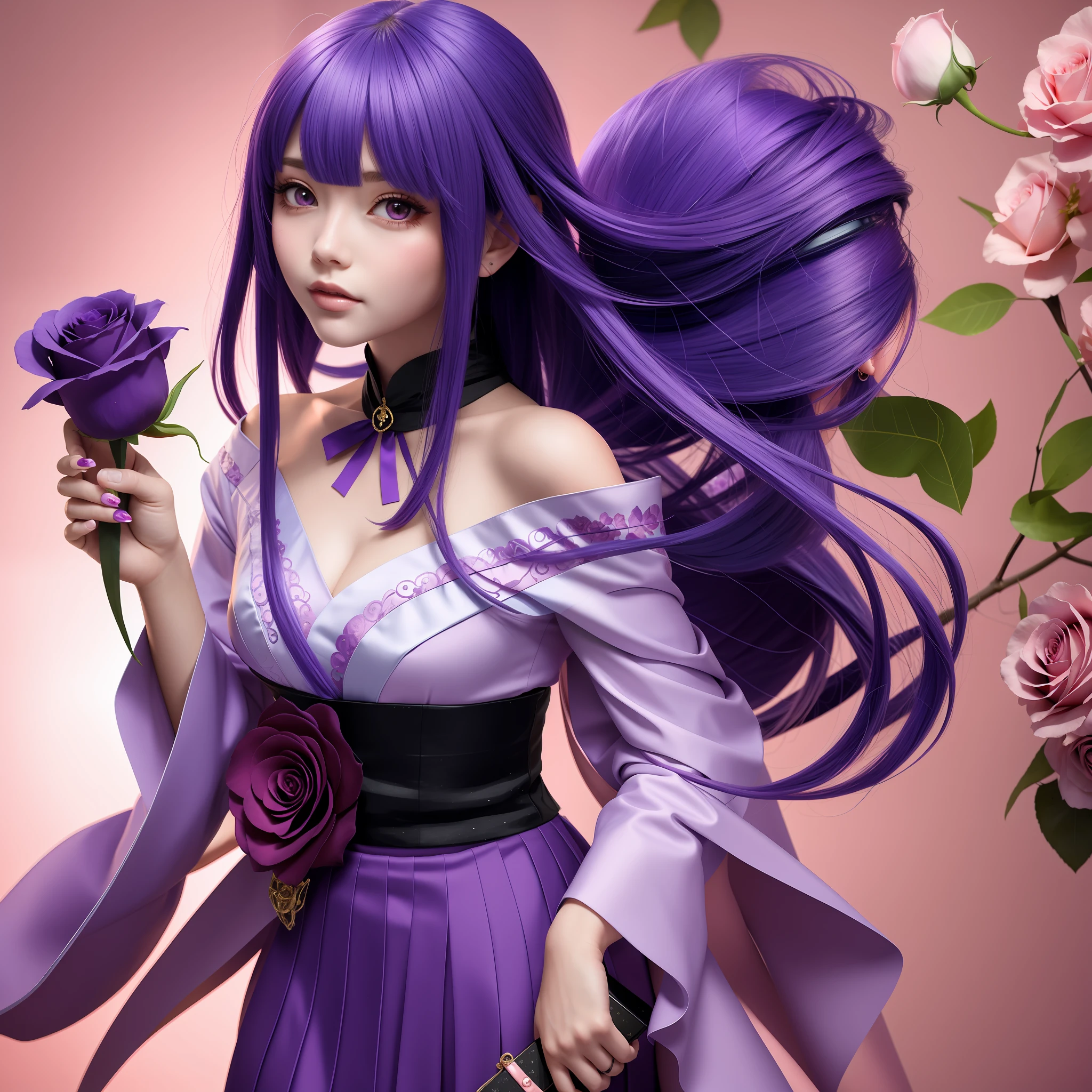 One beautiful girl with a purple rose "Anime style"