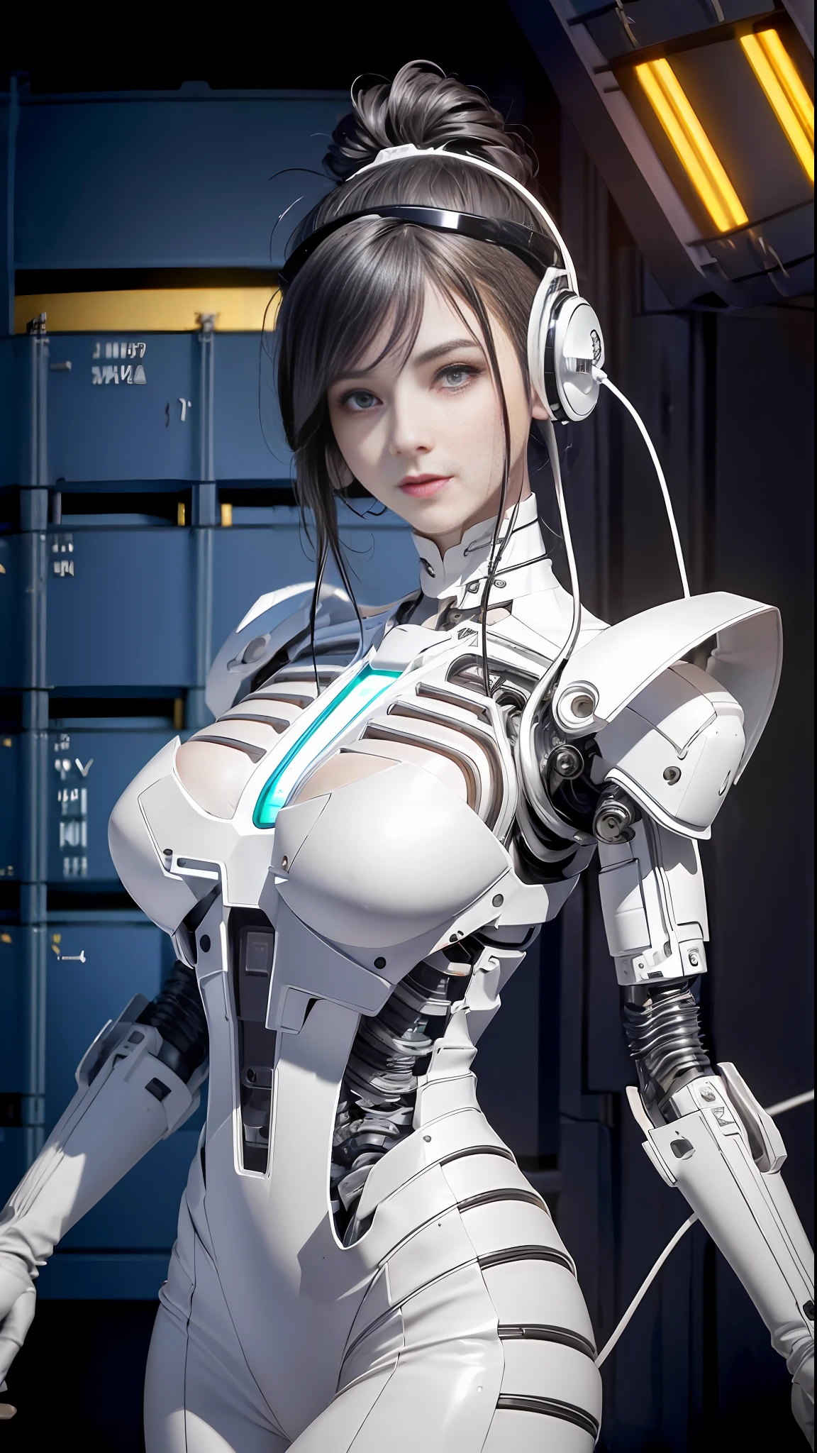 cultivation tank, (16K RAW Photo ),(CanonEOS, Lens, 85mm F1.2, ISO100, ShutterSpeed500), ((nudity)), ((masterpiece, best quality, beautiful and aesthetic:1.0)), ((ultra-detailed)), cinematic light, ((1girl:1.3)), (character focus), smile, looking at viewer, ((white and silver cybernetic implants)), blood vessels connected to tubes, mechanical vertebra attaching to back, ((colored electronic cables and chips:1.0)), (((full of optical fiber cables that are wired in the implanted parts in the body covered translucent metallic skin:1.0))), ((large breasts:1.0)), ((mechanical limbs)), biomechanical, ((Colorful high ponytail)), (machine made joints:0.8), ((mechanical headphones)), ((body of precision machine:1.0)), (wires and cables attaching to body:1.2)), (in container:1.6), (mechanical parts:0.5)