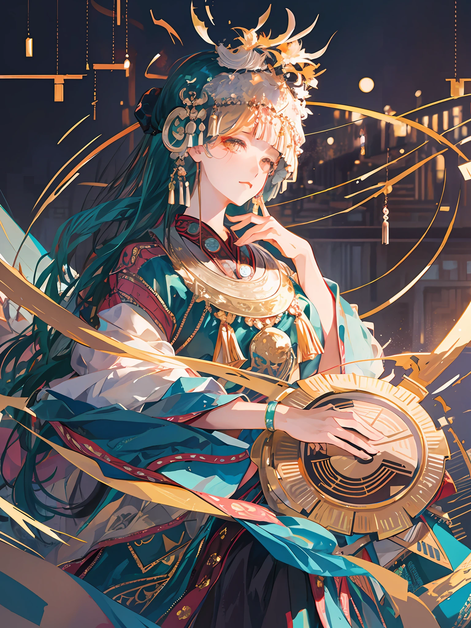 an illustration of a woman in traditional chinese costume, in the style of anime aesthetic, 32k uhd, blink-and-you-miss-it detail, beautiful, anime-inspired characters, beige and aquamarine, close-up,