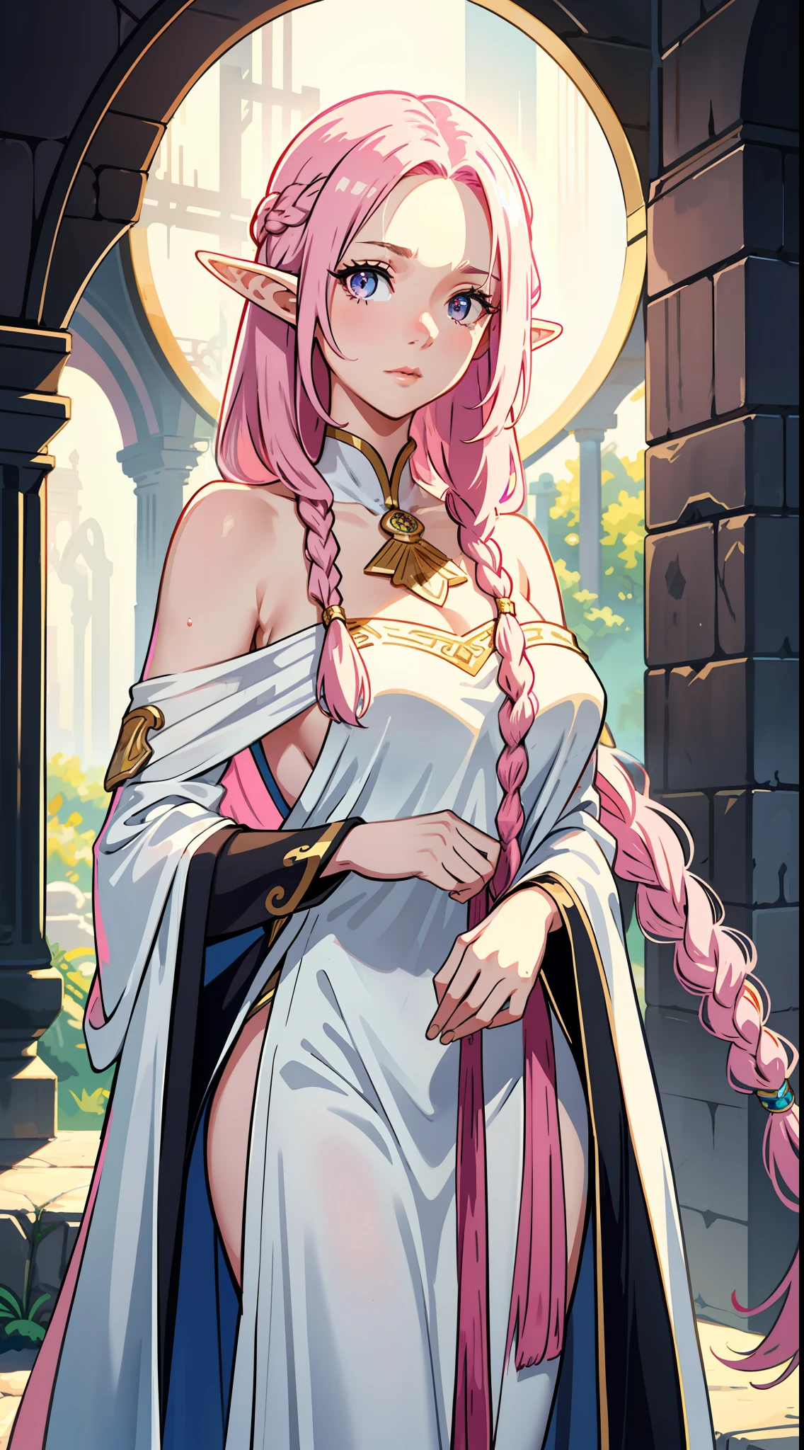 Pink messy hair,, Long braid, forehead,elf, priestess clothes, droopy eyes, See-through, white skin, huge breasts, Gentle and charming beautiful woman, half-length photo, charming oval face, double eyelids, pink lips, small nose, bare shoulders, focused face, face close-up, ultra-high-definition, Super details, elegant standing posture, ultra-thin light-transmitting wet yarn