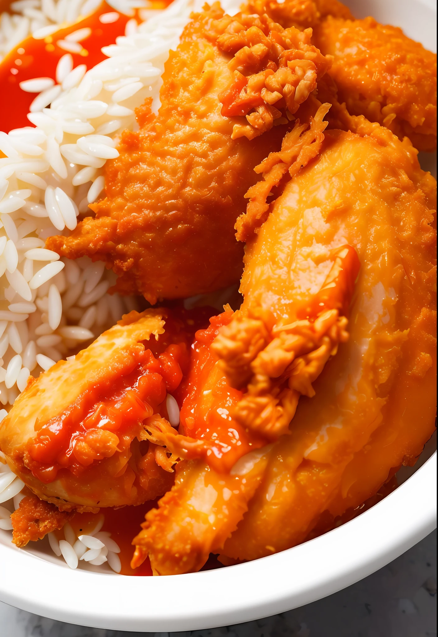 best quality, ultra high res, (photorealistic:1.4), ultra-detailed,incredibly detailed, foil package, white rice with kentucky fried chicken extra tomato sauce