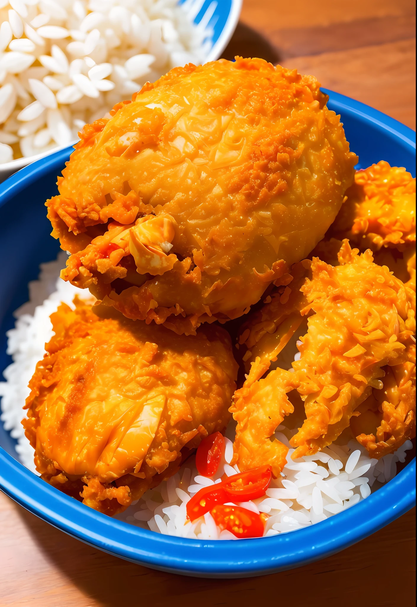 best quality, ultra high res, (photorealistic:1.4), ultra-detailed,incredibly detailed, foil package, white rice with kentucky fried chicken extra tomato sauce