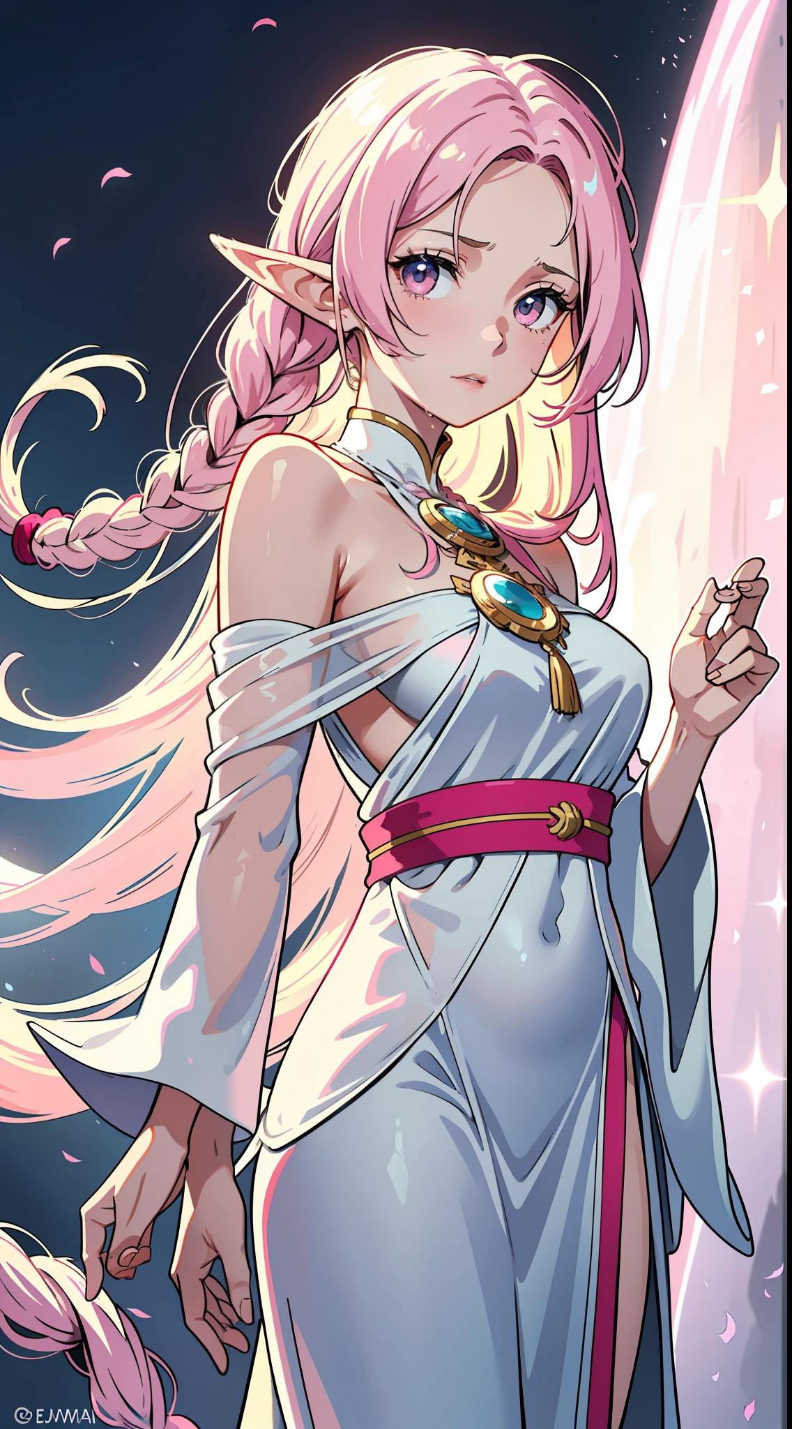 Pink messy hair, flat ector art, Long braid, forehead,elf, priestess clothes, droopy eyes, See-through, white skin, huge breasts, Gentle and charming beautiful woman, half-length photo, charming oval face, double eyelids, pink lips, small nose, bare shoulders, focused face, face close-up, ultra-high-definition, Super details, elegant standing posture, ultra-thin light-transmitting wet yarn