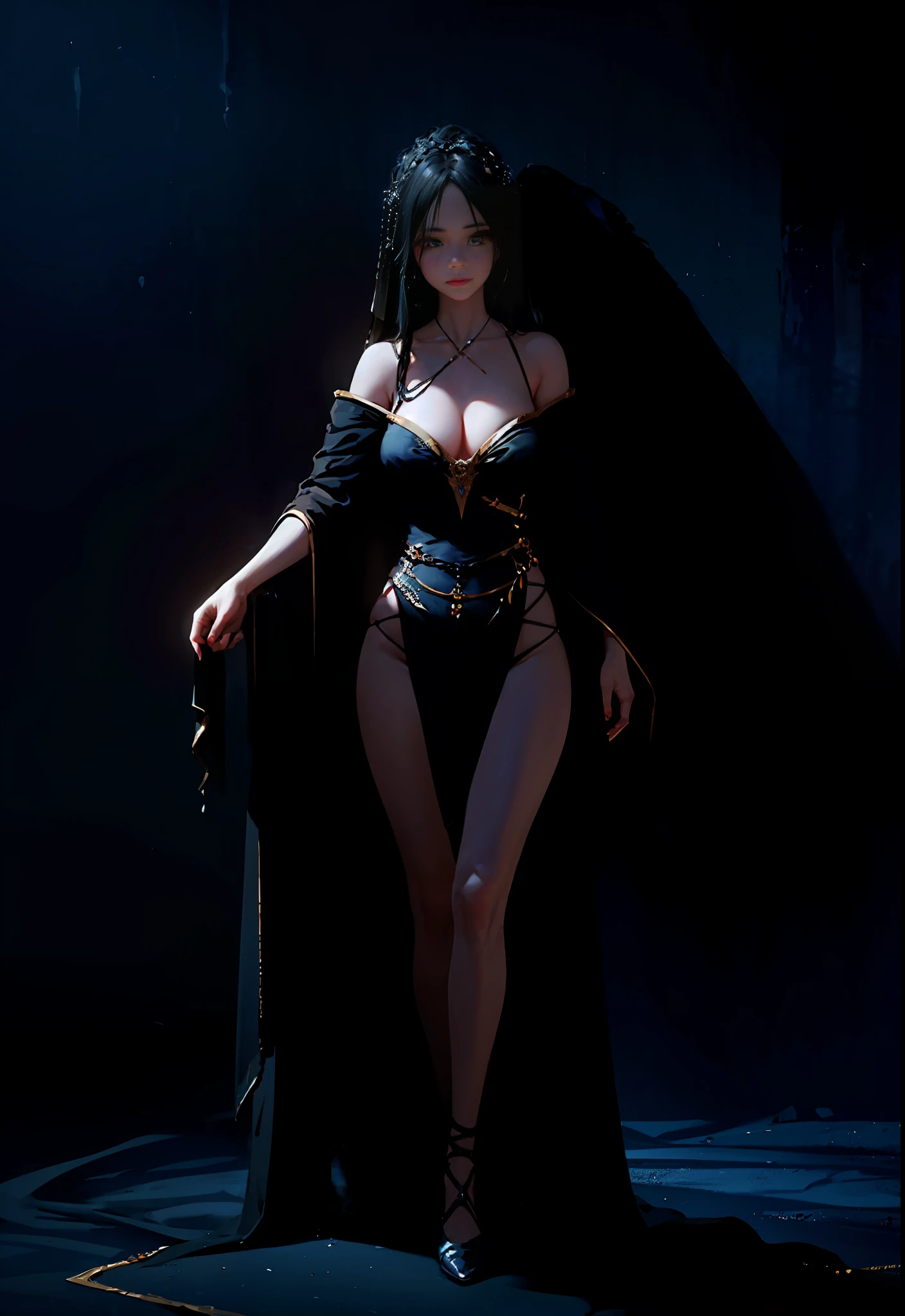 "Concept art created with Unreal Engine, mysterious atmosphere and rich energy, the concentration of black magic increased by 1.2 times, showing excellent painting skills. Full body, (cute eyes + exquisite facial features) fluffy and textured long hair Slightly scattered. The ostentatious costumes perfectly show the curves of the whole body, and the absurd and extreme detail design is breathtaking. Deeply influenced by the creative styles of e_foxy and m_wlop, it also presents a majestic and dangerous e_landscape”