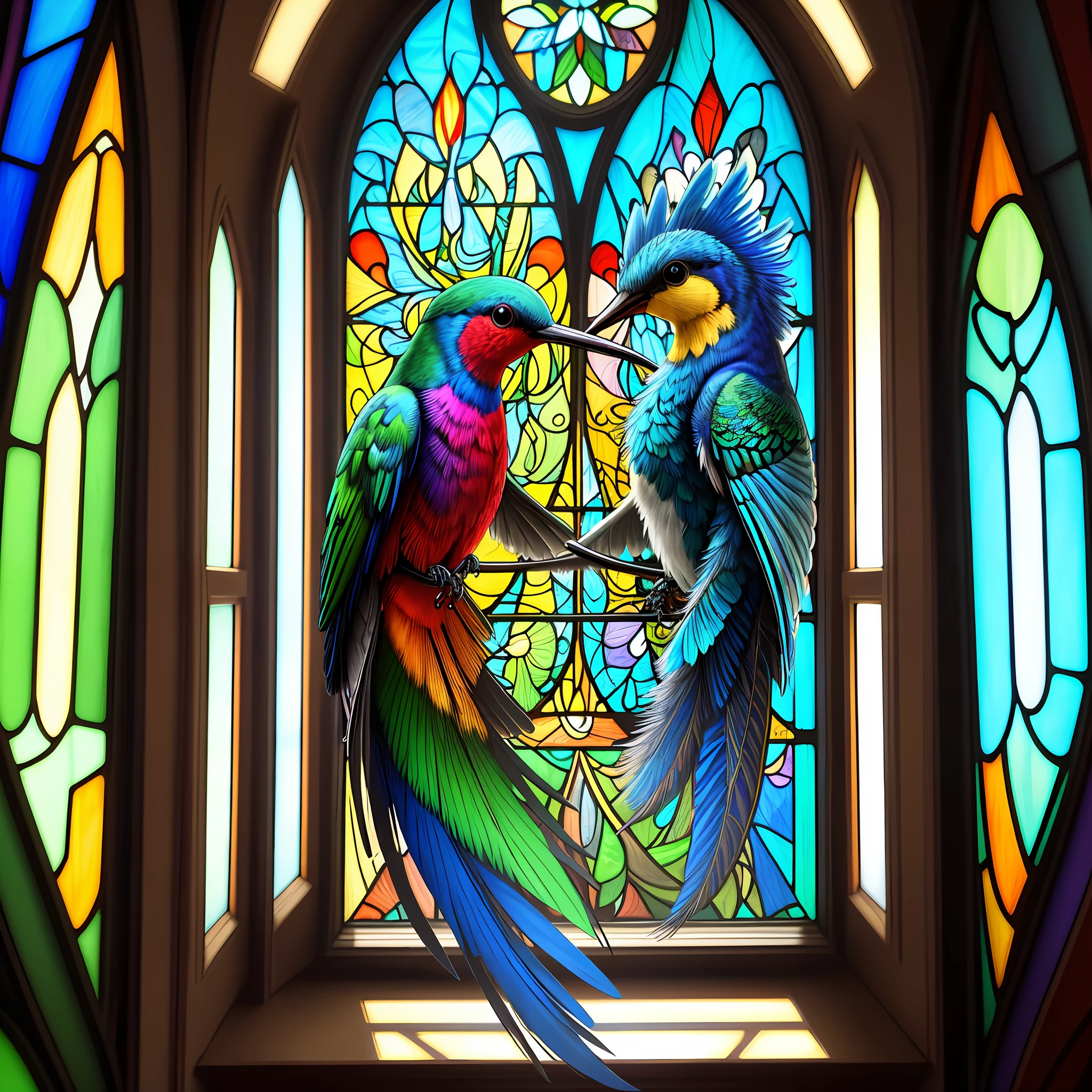 a stained glass window of intense colors of a hummingbird blue and green of intense colors 3 highlighted, intricate, psychedelic art, complementary colors, elegant, highly detailed, digital painting, sharp focus, golden ratio, unreal motor 5