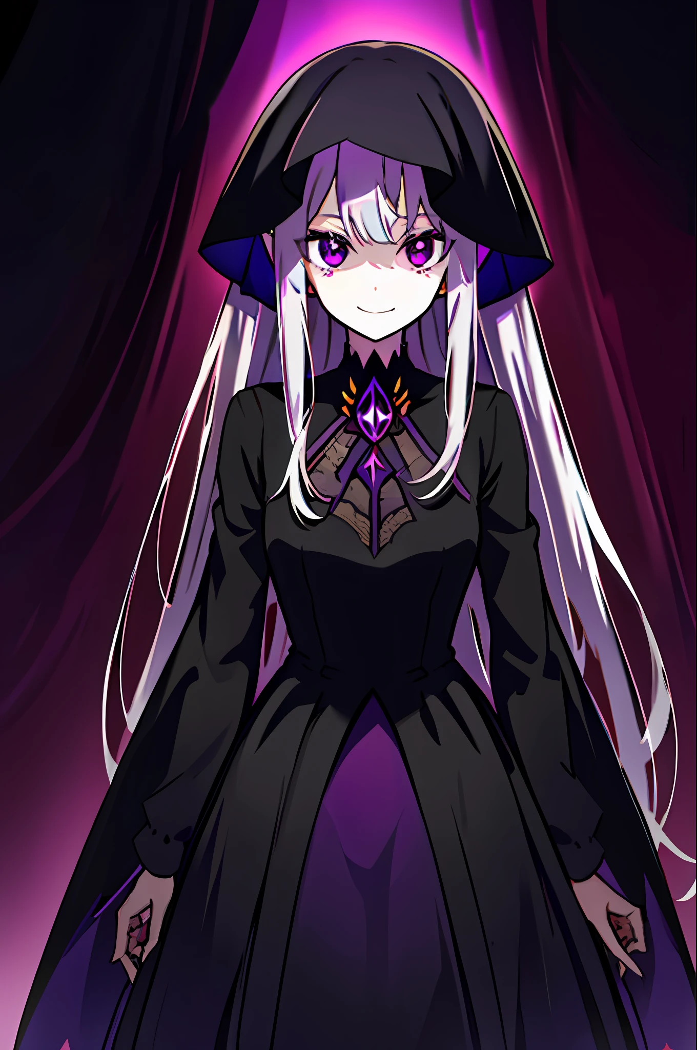 Satella, 1 Girl, Solo, Aura, Veil, purple_eyes, Brainwashing, Dark Aura, Evil Smile, Monster Behind