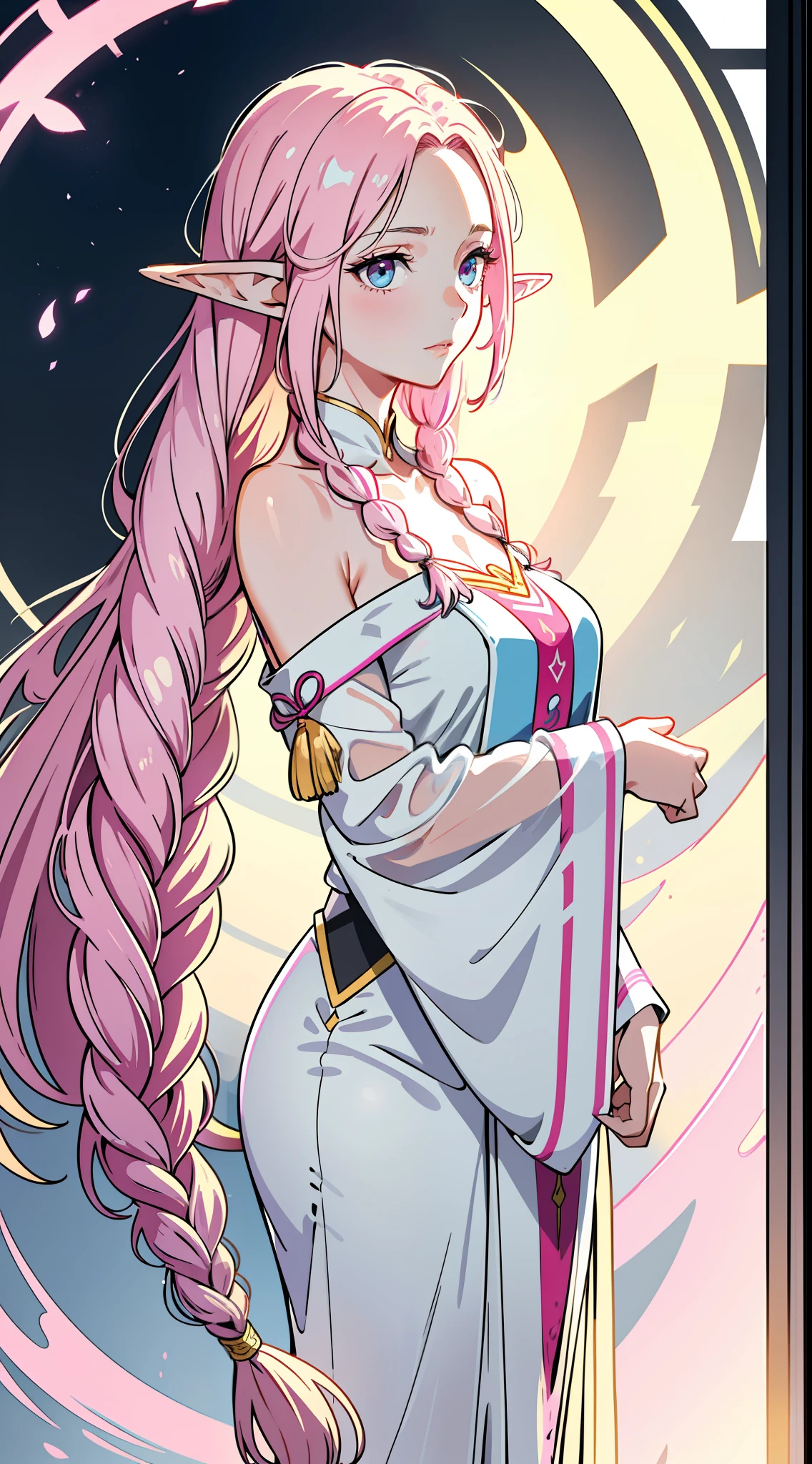 Pink messy hair, flat vector art, Long braid, forehead,elf, priestess clothes, droopy eyes, See-through, white skin, huge breasts, Gentle and charming beautiful woman, half-length photo, charming oval face, double eyelids, pink lips, small nose, bare shoulders, focused face, face close-up, ultra-high-definition, Super details, elegant standing posture, ultra-thin light-transmitting wet yarn