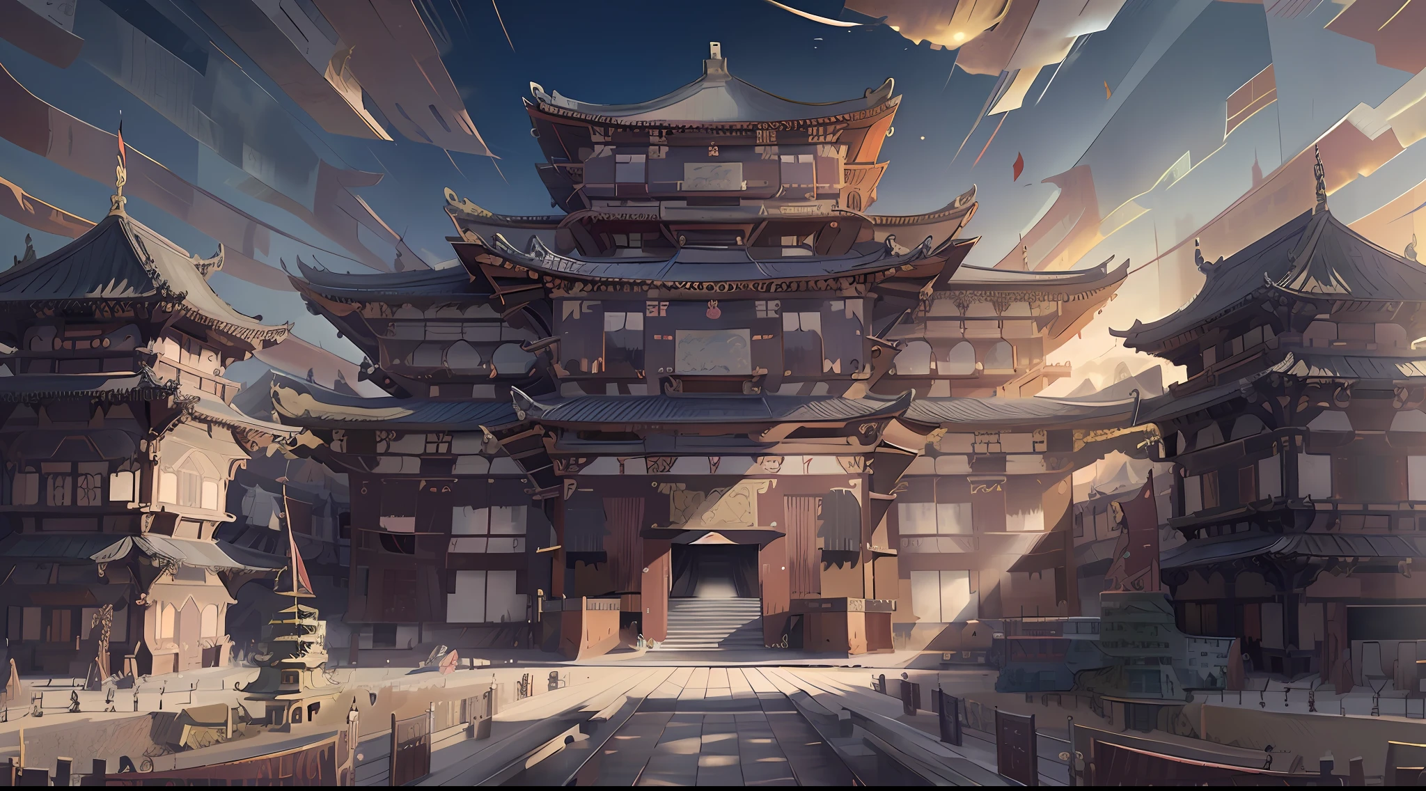 Masterpiece, best quality, official art, 8k wallpaper, panorama, very detailed, illustration, Chinese palace, magnificent building, a wide and long slate link in the middle, red and gold body color