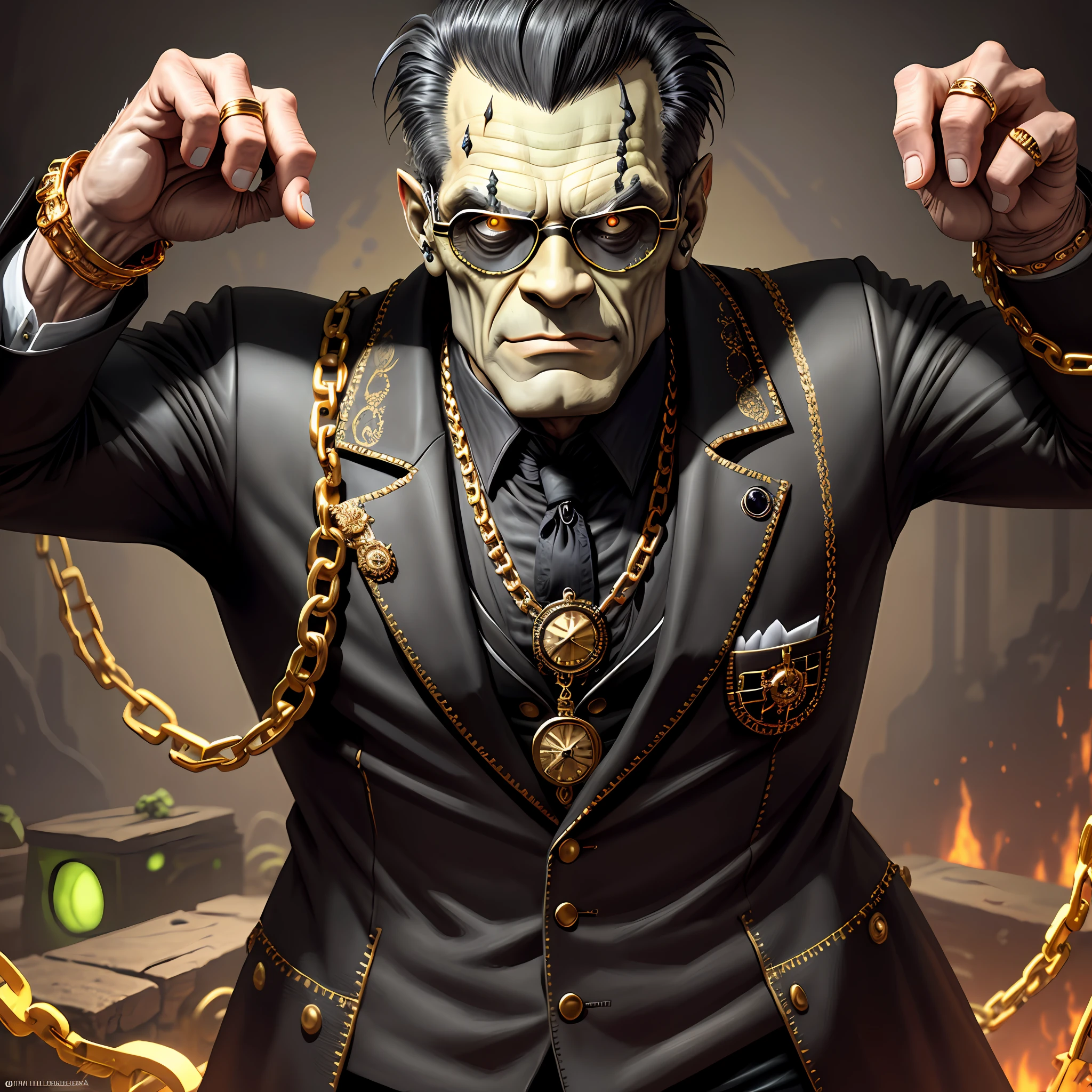 Frankenstein monster, rotten, with black glasses, gold watch, thick gold chains, wearing old suit, ((hyper detailed)), (not duplicated)