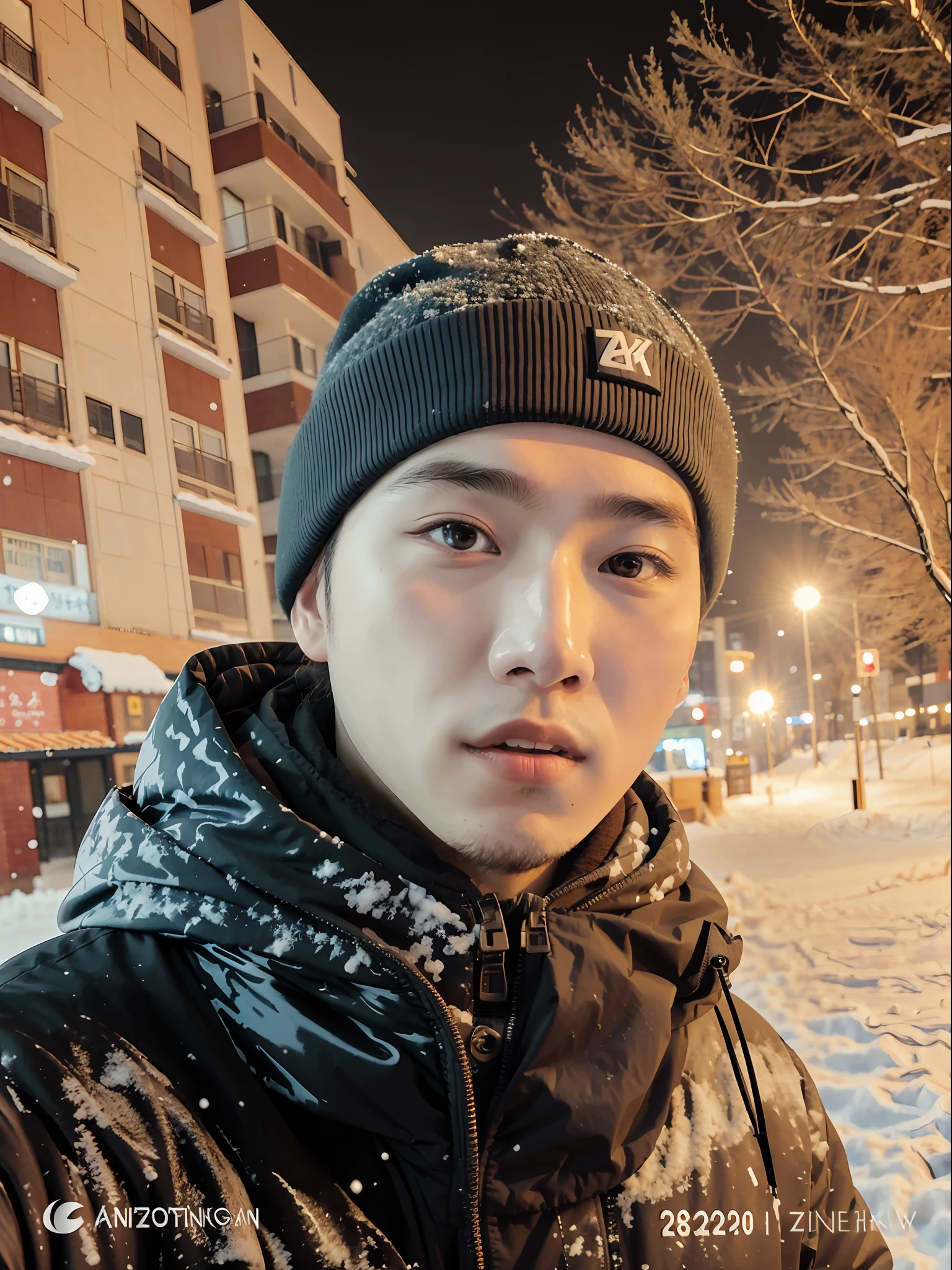 arafed man in a black jacket and a black hat, only snow i the background, 2 7 years old, 8k selfie photograph, 2 8 years old, in snow, zmonzheng, xintong chen, south korean male, zeng fanzh, 2 9 years old, 2 3 years old, azimov, 2 4 - year - old man