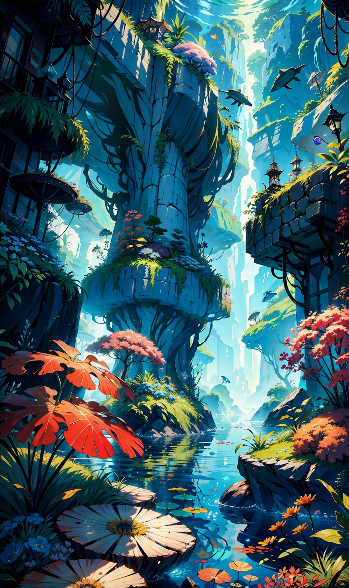 ((perspective)) microscopic world, vista, underwater fantasy,((masterpiece)), best quality, high quality, ((extremely detailed CG unity 8k wallpaper)),(fantasy), complex background, underwater fantasy world, fish school, Glowing jellyfish, colorful, (abyss)), staggered stone platforms in the abyss, glowing undersea plants, 3D digital painting, award winning photography, bokeh, depth of field, HDR, chromatic aberration, photorealistic, extremely detailed, artstation Trends on CGsociety, Intricate, High Detail, dramatic, art by midjourney, --v 6
