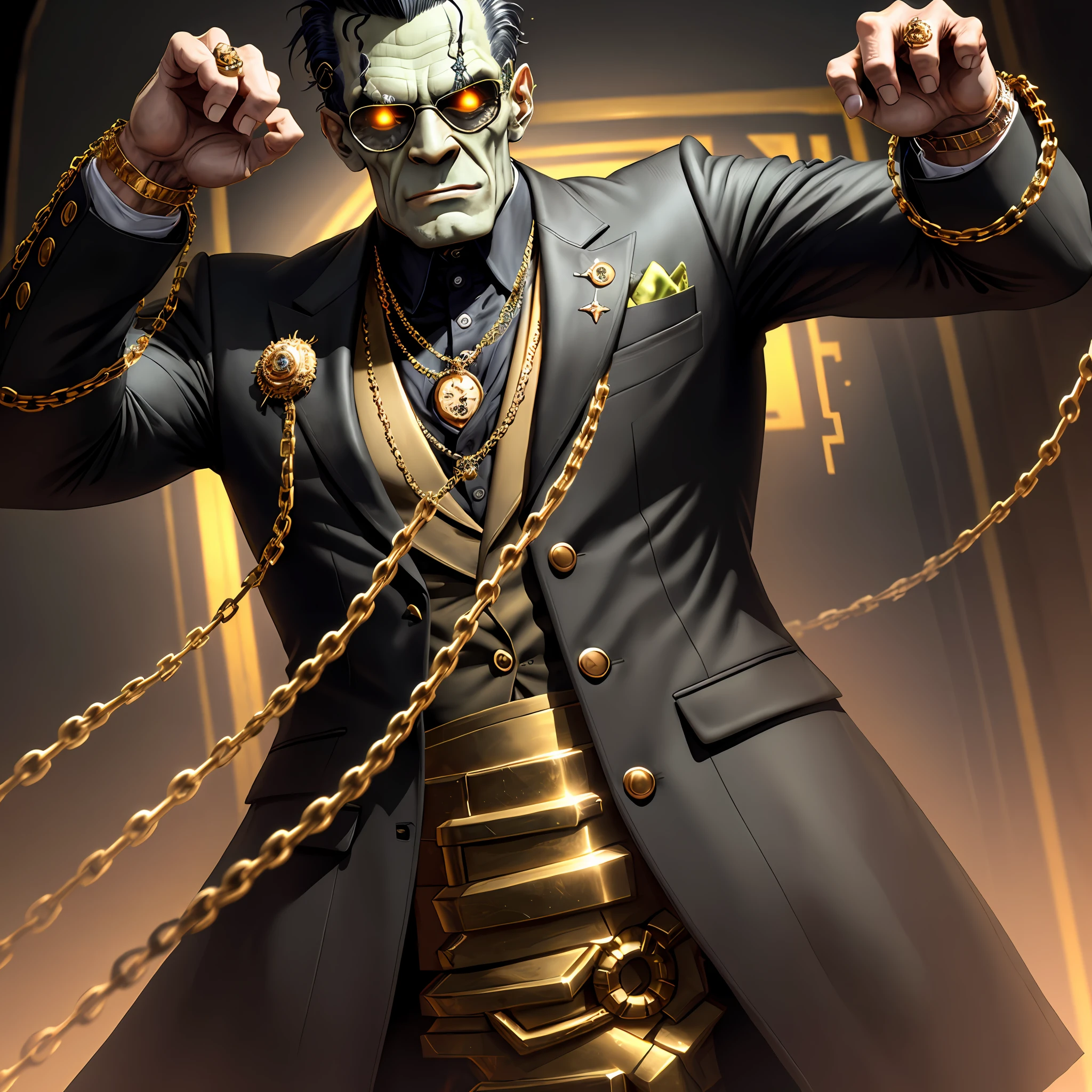 Frankenstein monster, rotten, with black glasses, gold watch, thick gold chains, wearing old suit, ((hyper detailed)), (not duplicated)
