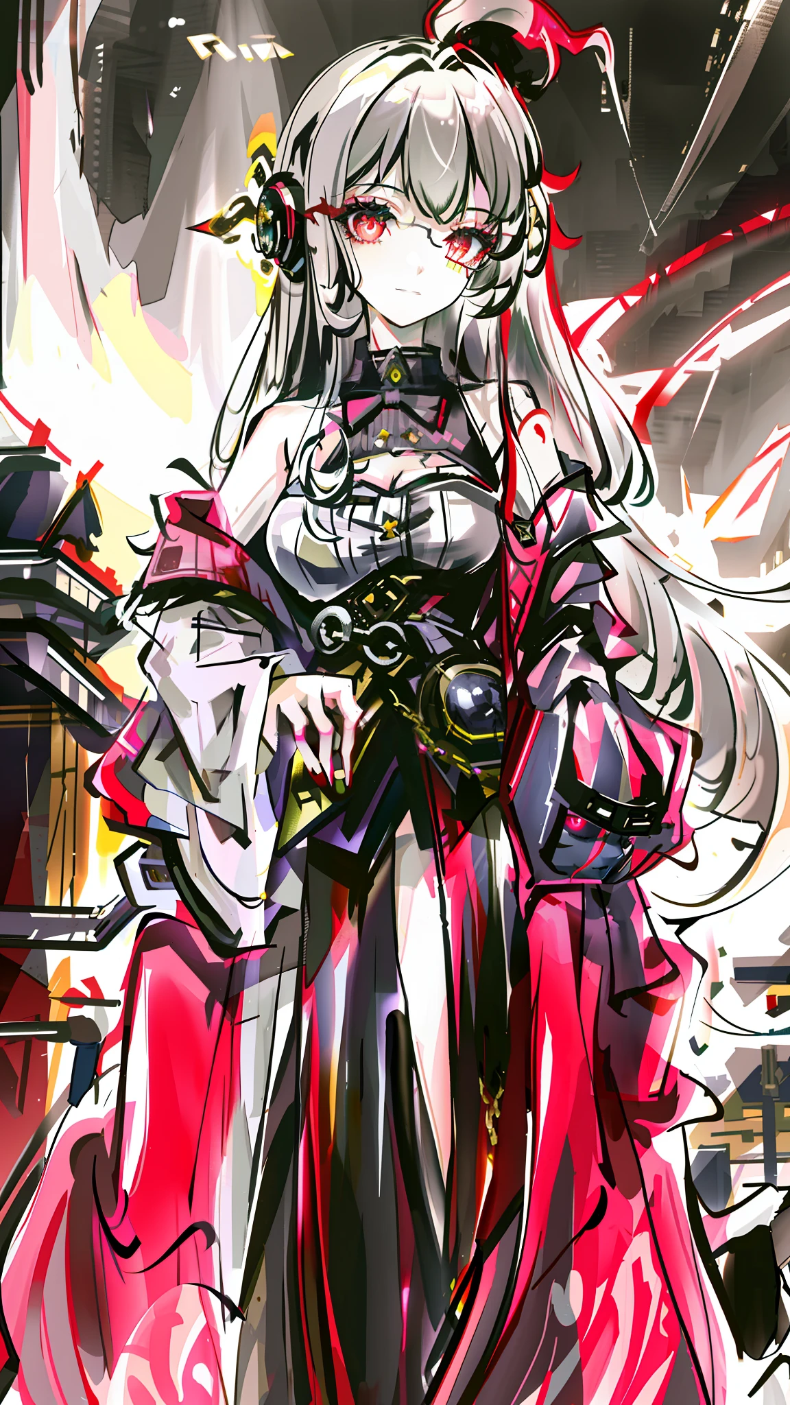 A highly detailed portrait of a solo 1girl standing on a street corner, during a rainstorm with lightning strikes and a cloudy sky, neon and cyberpunk background, she is wearing punk clothes with silver chains and silver spikes, wearing round glasses, Big breast,she has a butterfly wing hairclip in her wild hair, she has headphones and a necktie on, petite, detailed glowing red eyes with distinct pupils, ominous aura Halo, smile, punk, cyberpunk, backlighting, masterpiece, best quality, intricate detail, absurdres, chromatic aberration, depth of field, soft lighting, tone mapped, highly detailed, artstation, concept art, smooth, sharp focus, dramatic lighting, vampire queen, highly detailed artwork, pink lightning, cinematic, trending on Artstation, 8K, incredible shadows, (highly detailed background:1.0)