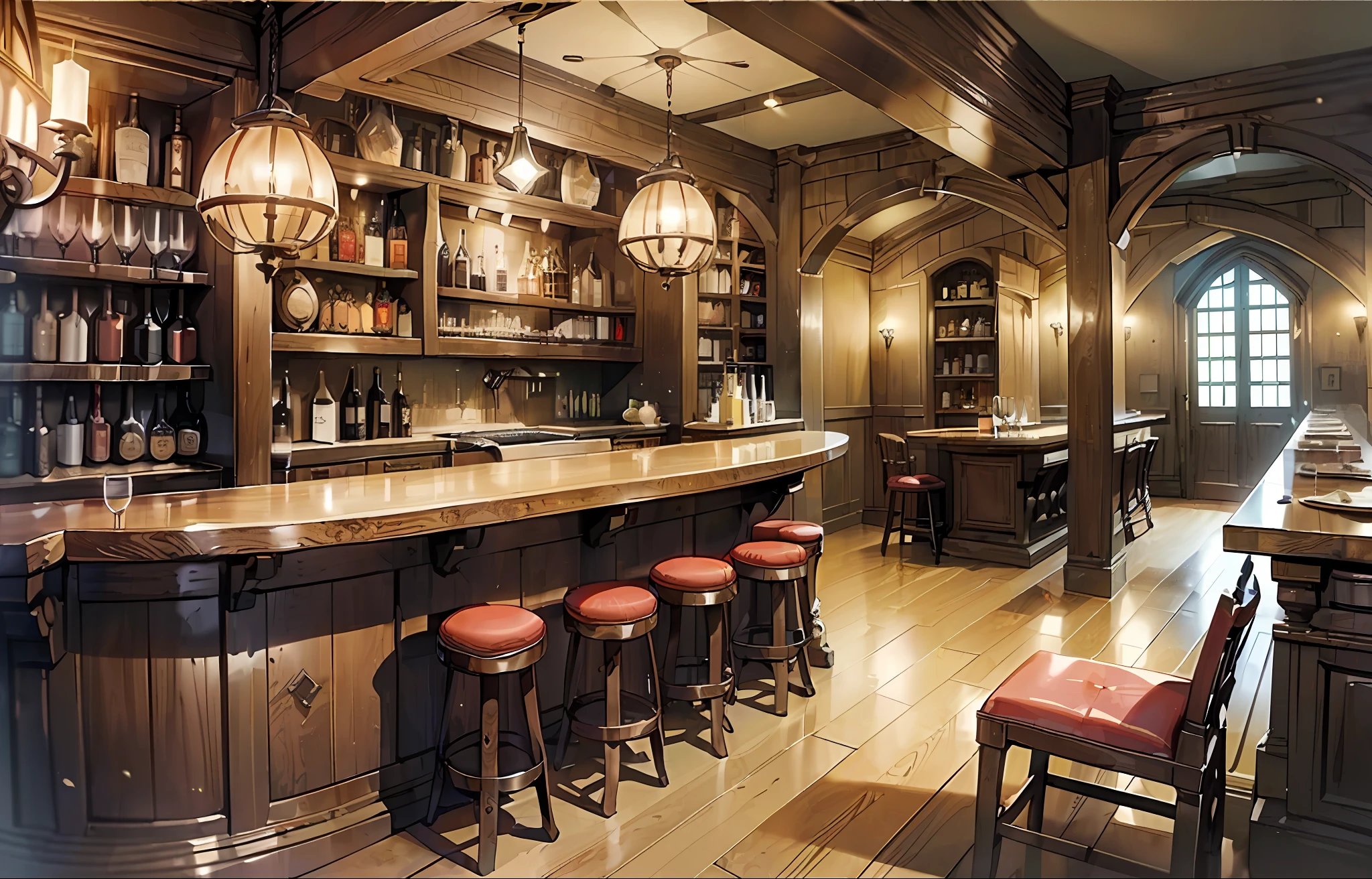 (((Masterpiece))), the best quality, super detailed CG unified 8k wallpaper, a medieval bar, stacked structure, bar counter, wine cabinet with wine barrels, bottled wine, wooden chairs, stairs, best resolution, best shadow, --v 6