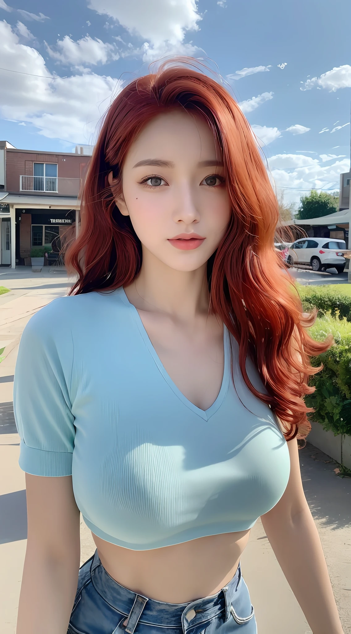 ((Realistic lighting, Best quality, 8K, Masterpiece: 1.3)), Clear focus: 1.2, 1girl, Perfect body beauty: 1.4, Slim abs: 1.1, ((Red hair, Milk: 1.3)), cowgirl pose, (Outdoor, daytime: 1.1), Country street, Super fine face, fine eyes, double eyelids, curly hair, fair skin, Big breasts, random color clothes