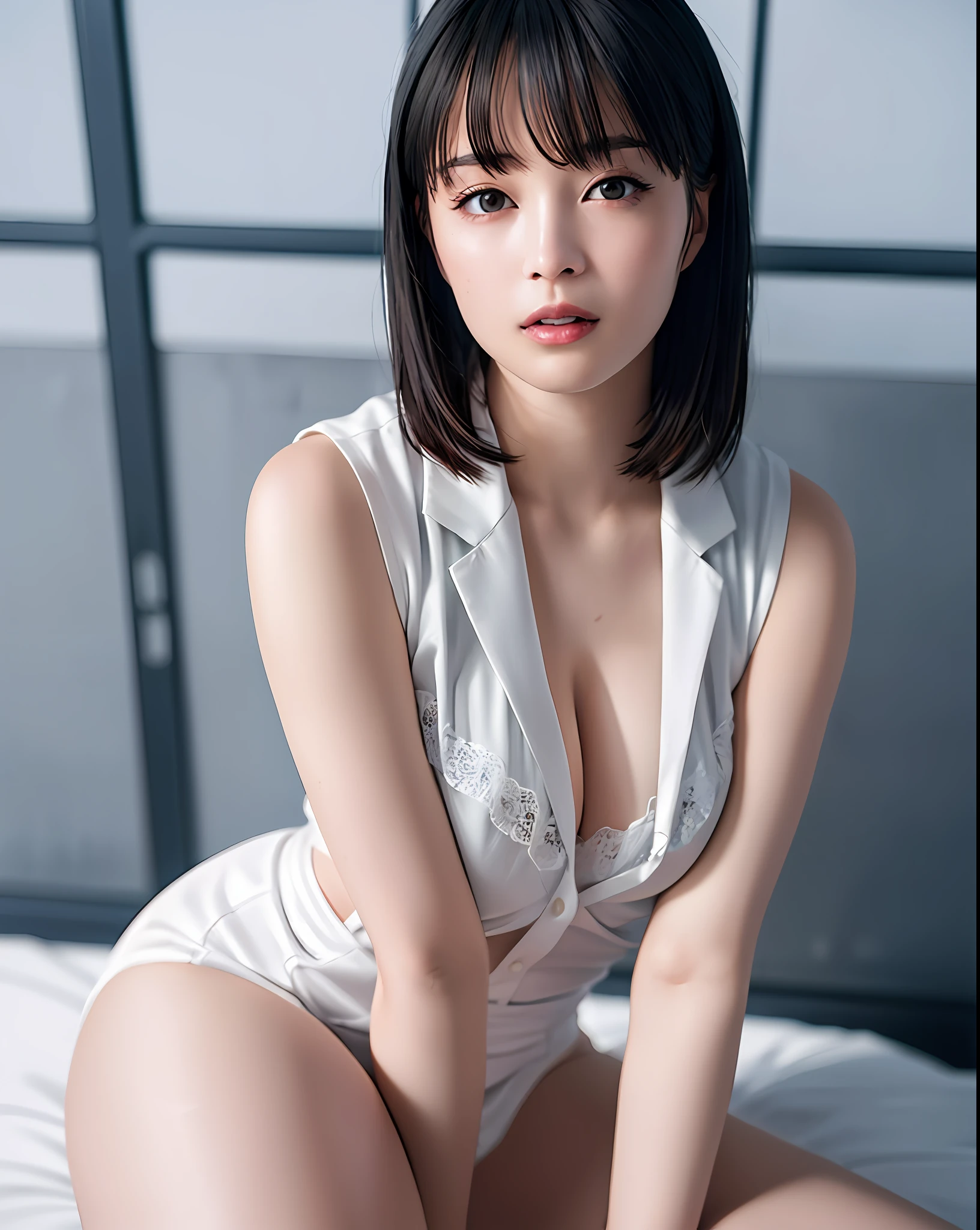 Top Quality, Photorealistic, 8K, High Definition, 1 Girl, Women, (Sexy Pose: 1.7, Exposure: 1.9, Cleavage Exposure: 2), Gorgeous, (Lower 0.5, Big: 1.8), (Underwear: 2, Bra: 1.9, Lingerie: 1.4), (Short Hair: 2, Bob: 2, Parted Bangs: 1.6), Watch Viewer, (1 Girl's Eyes Viewer: 1.6), Photorealistic, (bokeh), (floating hair, lips, open mouth: 1.43)