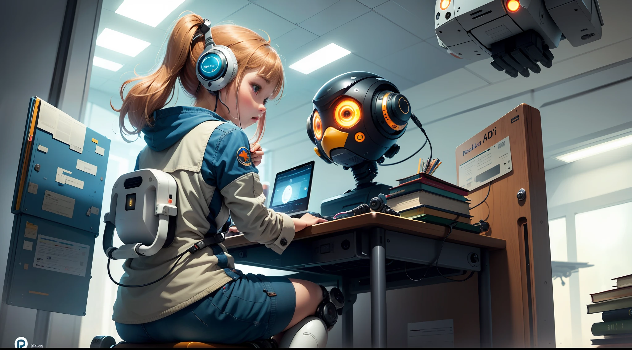 One beautiful little bird, one girl operating a computer, AI robot, book cover, illustration, library