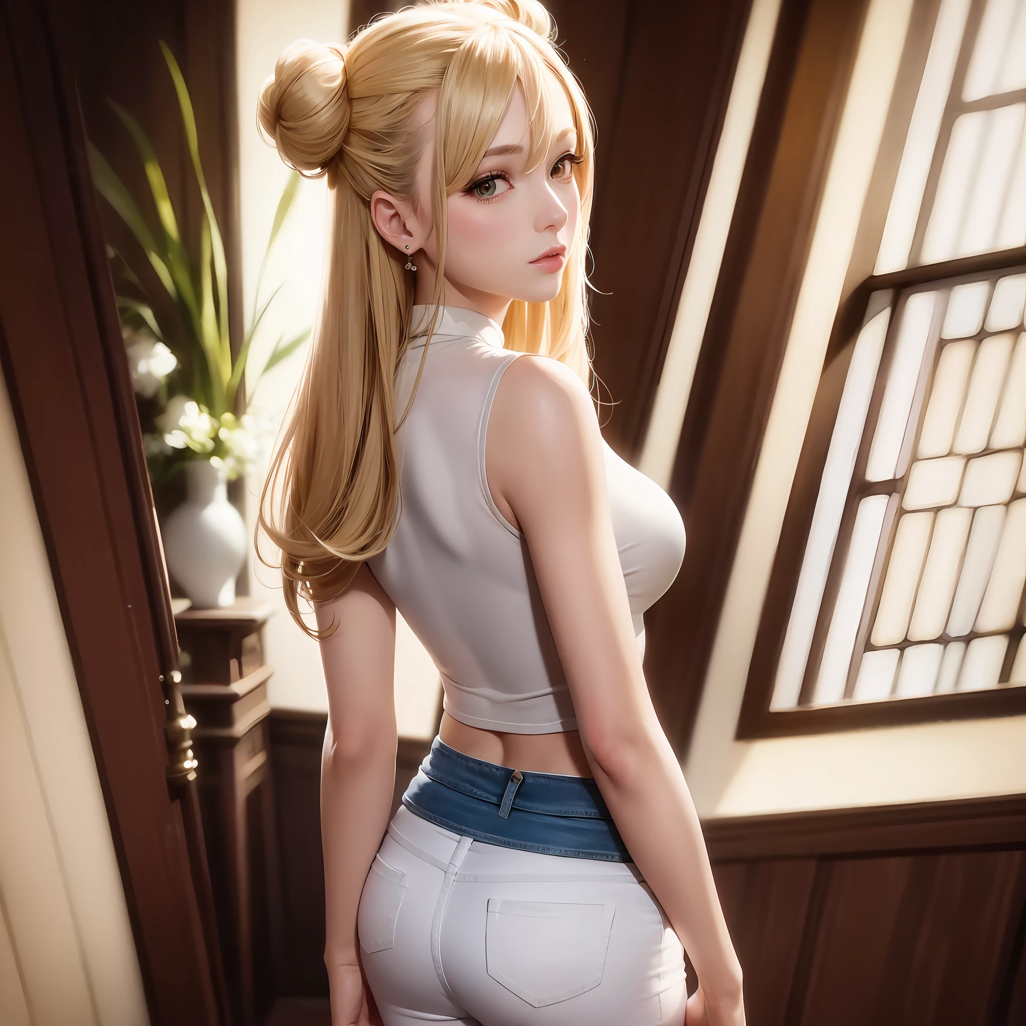 masterpiece, top quality, beauty, beautiful girl, slender, white skin, skinny jeans, show buns,