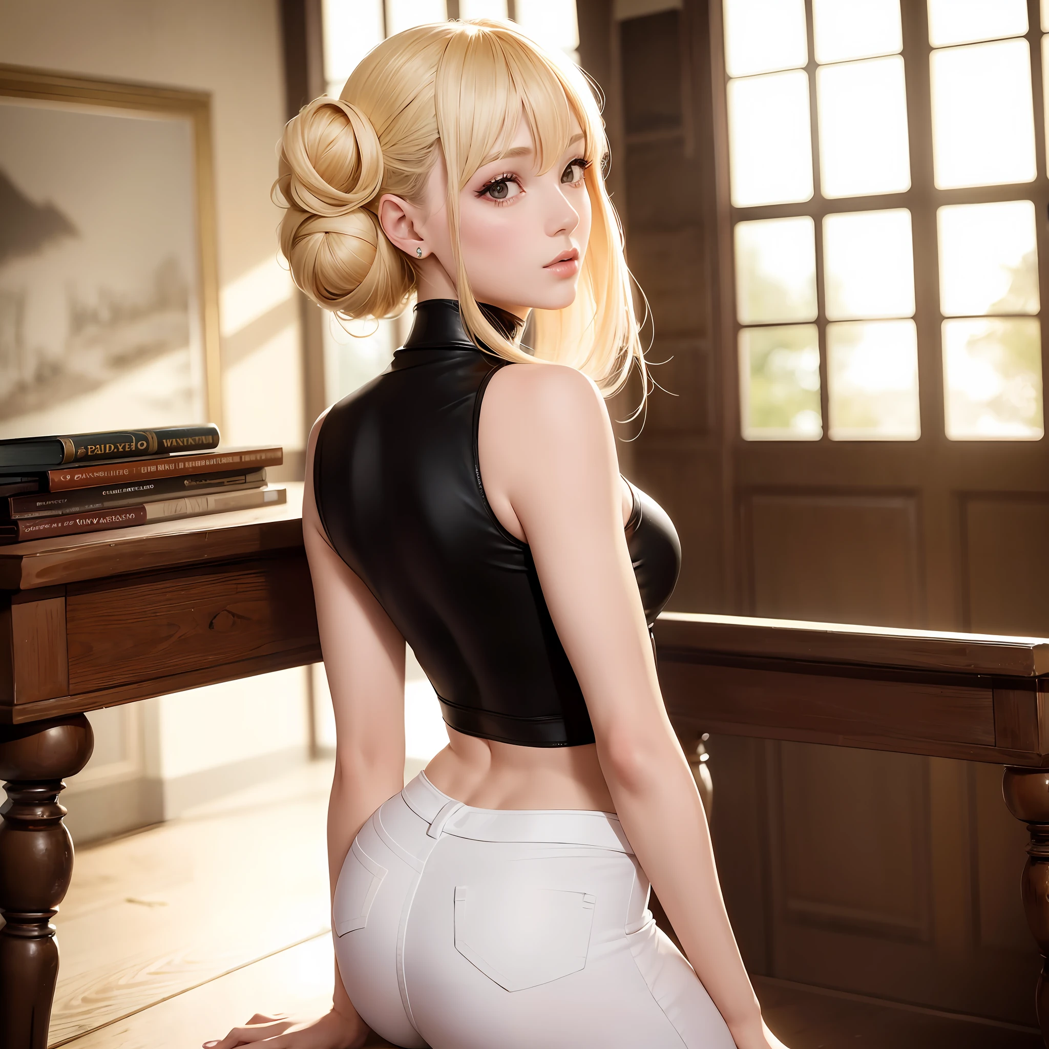 masterpiece, top quality, beauty, beautiful girl, slender, white skin, skinny jeans, show buns,
