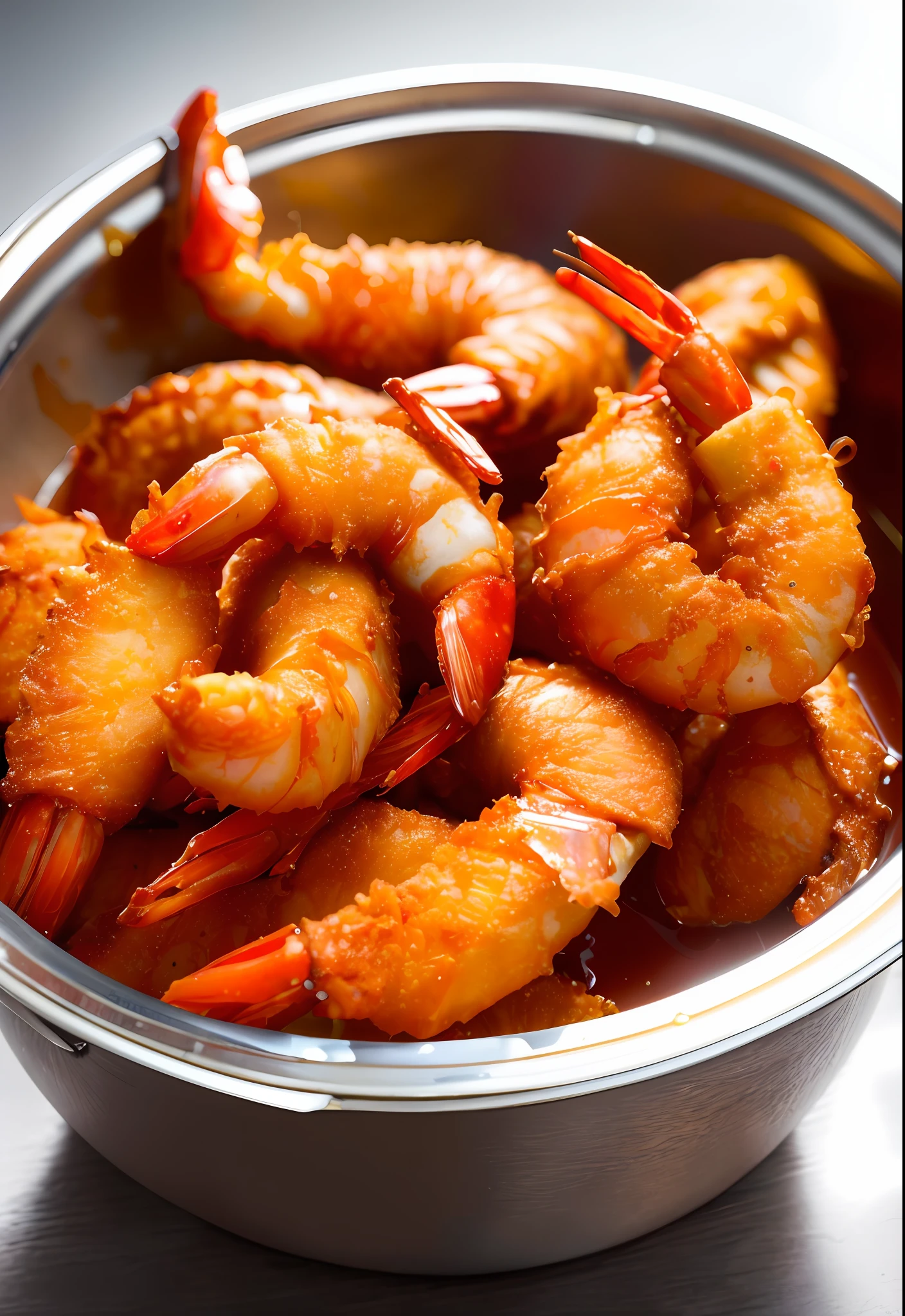 best quality, ultra high res, (photorealistic:1.4), ultra-detailed,incredibly detailed, foil package, crispy fried shrimp with extra tomato sauce