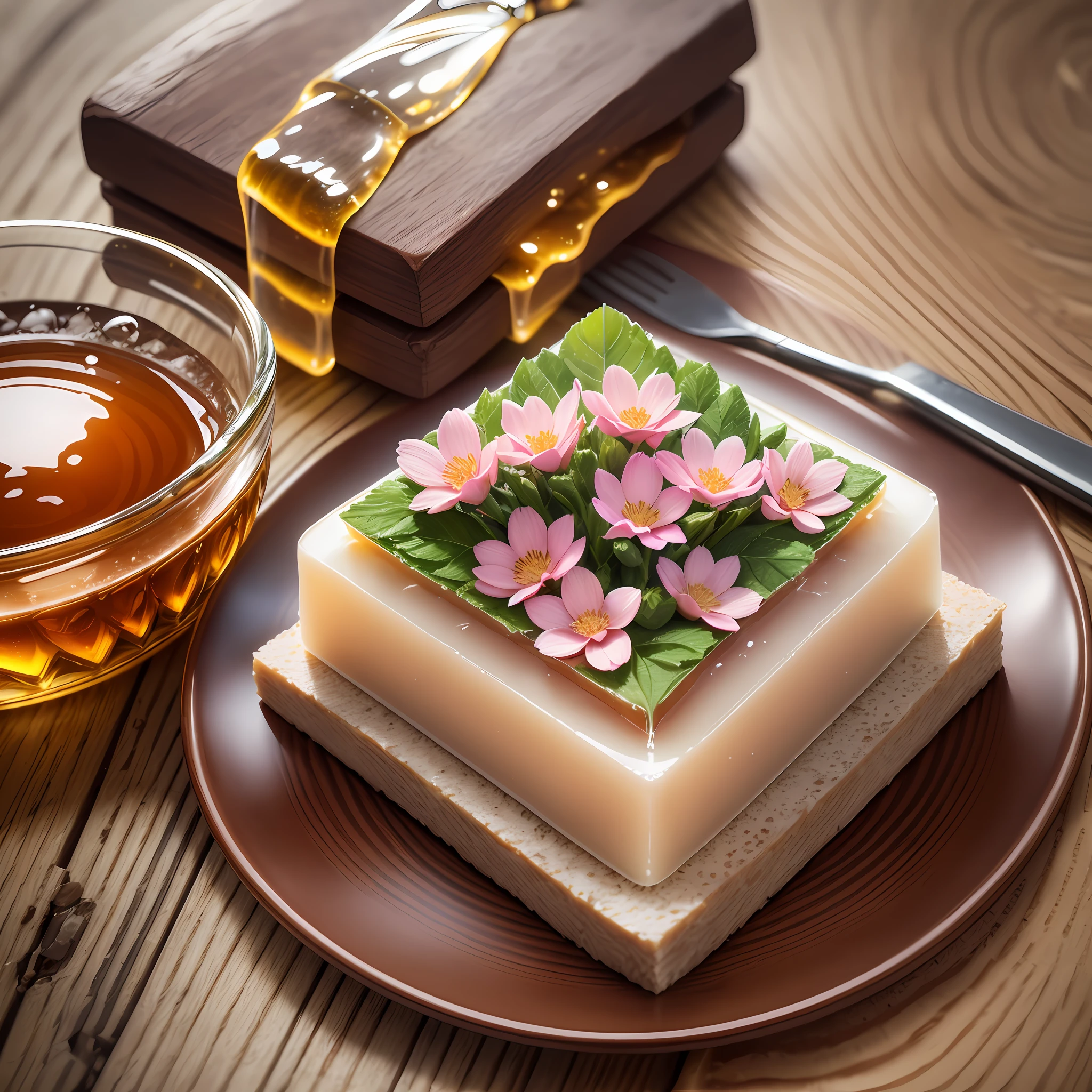 Product photography of a square of handmade soap with a thickness of 2.5cm, flowing liquid honey bursting out from the handmade soap, the texture is clear and detailed and real, next to it is equipped with flowing liquid honey and plant flowers, liquid honey flows on the surface of the handmade soap, with natural plant flowers, log table, multiple scenes, professional lighting, the highest quality, realistic, light background, realistic 3D rendering, dreamy, commercial poster style --v 6