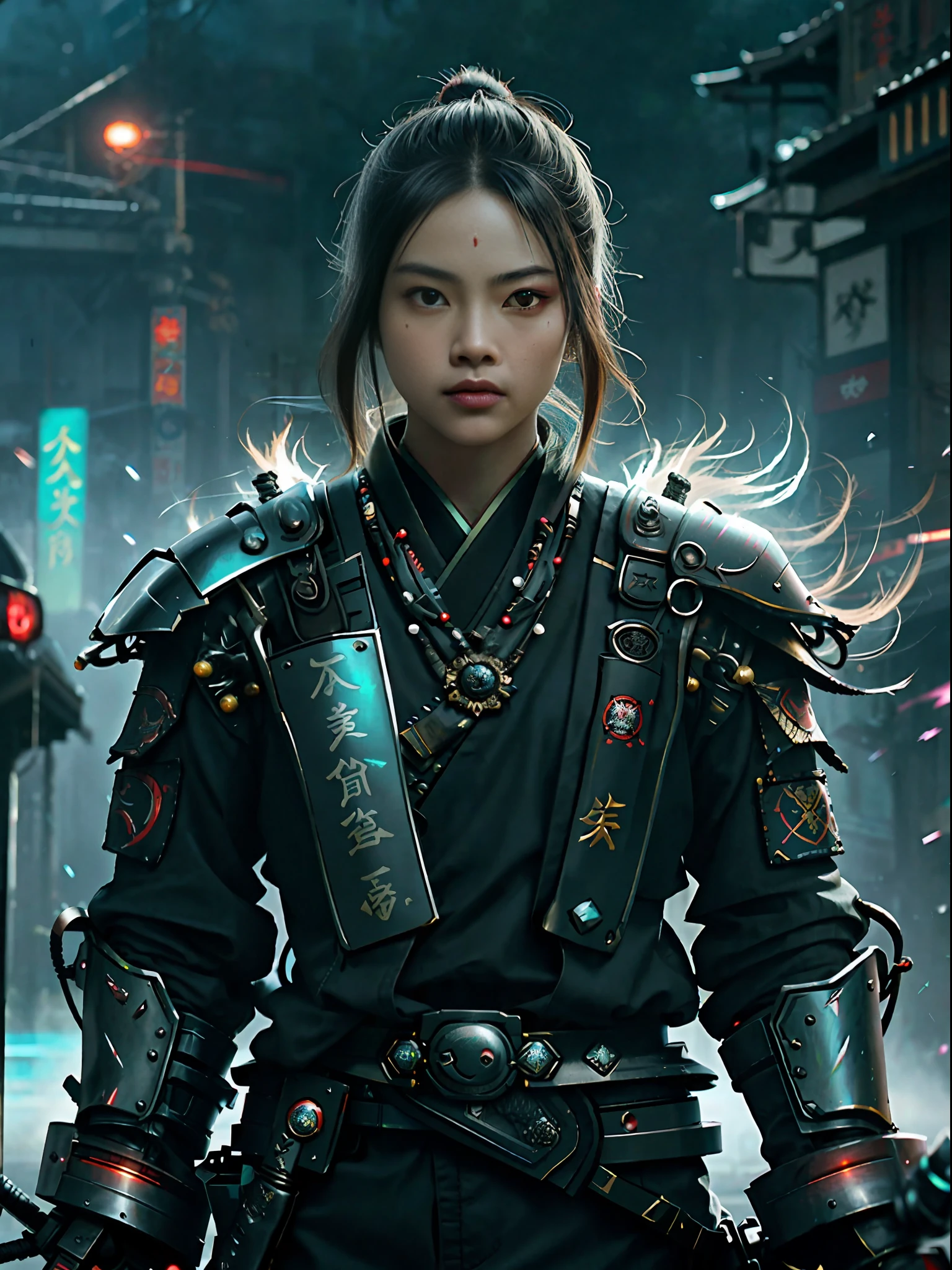 - [ ] Against a backdrop of a vibrant, sprawling metropolis in a dystopian future, set the scene of a cyberpunk samurai, poised on a street corner as the sun sets, casting a warm, ethereal glow on the urban landscape. Adorned in sleek, futuristic armor infused with neon accents, the samurai exudes a captivating blend of tradition and technology. In one hand, they hold a razor-sharp katana, its blade shimmering with an iridescent glow. Standing beside a sleek, high-tech car, an emblem of opulence in this technologically advanced society, the samurai becomes a symbol of rebellion against a world consumed by artificiality. Capture the moment with a blend of cinematic flair and gritty realism, as shadows dance across the samurai's face, hinting at the battles fought and the secrets they guard. Let the neon lights that envelop the surroundings reflect off the samurai's armor, evoking a sense of otherworldly elegance amidst the urban chaos.