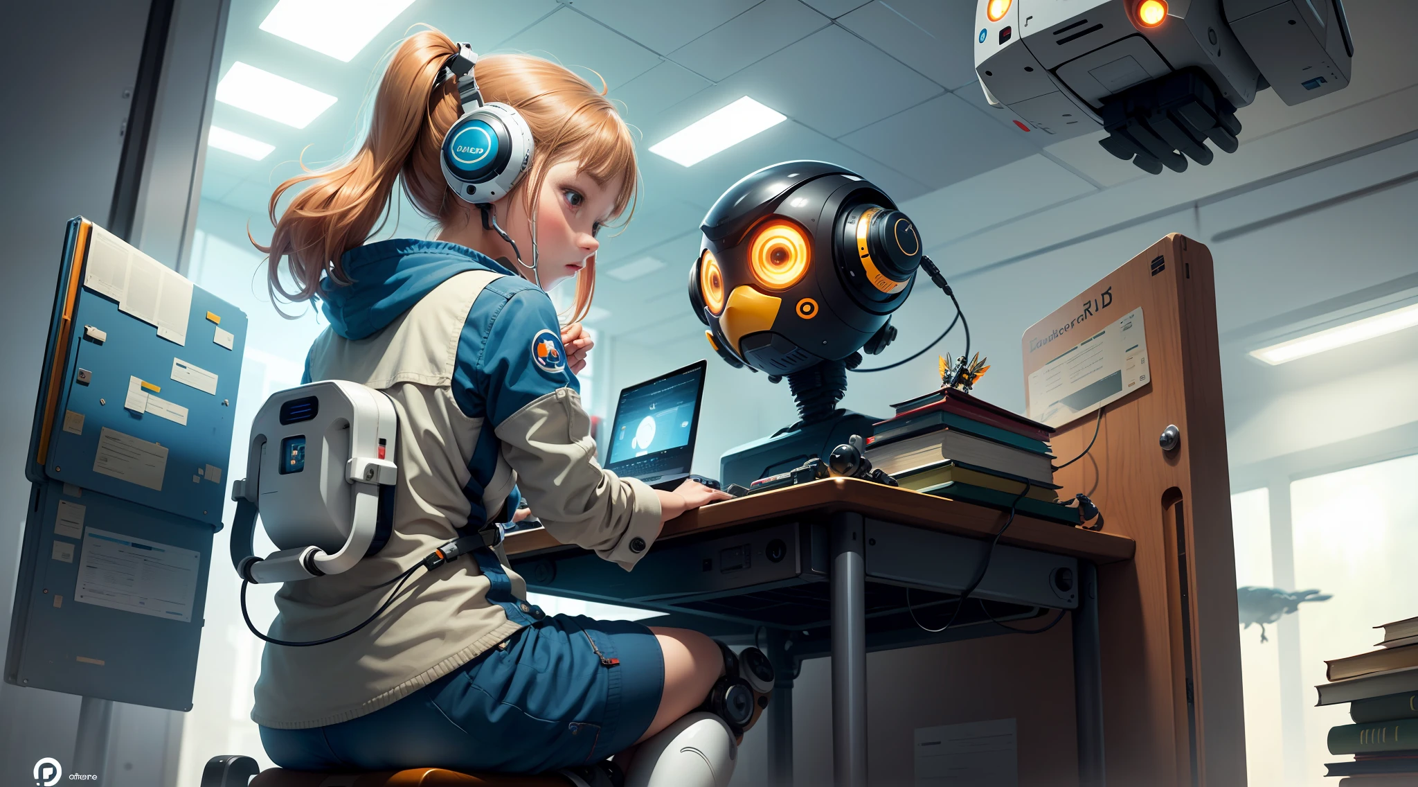 One beautiful bird, one girl operating a computer, AI robot, book cover, illustration, library