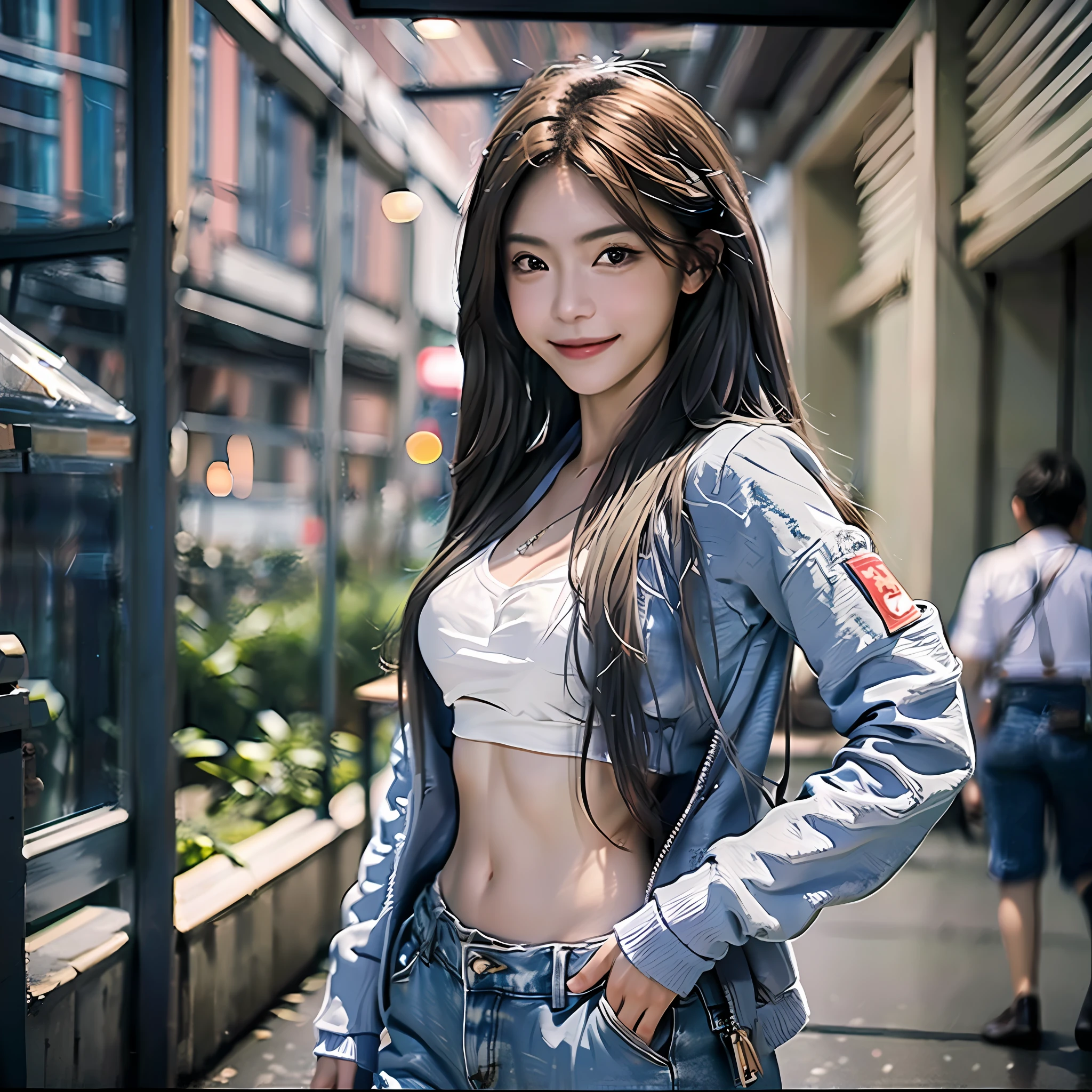 (Photorealistic: 1.4), (Specific: 1.3), (Realistic, Photorealistic: 1.37), (Medium View: 1.5), (Half Body), Girl, Best Quality, Ultra High Definition, Tokyo Street, Vest, Long Hair, Big, Hips, Smile, Slim, Nipples, Night, Awkward, Open Jacket