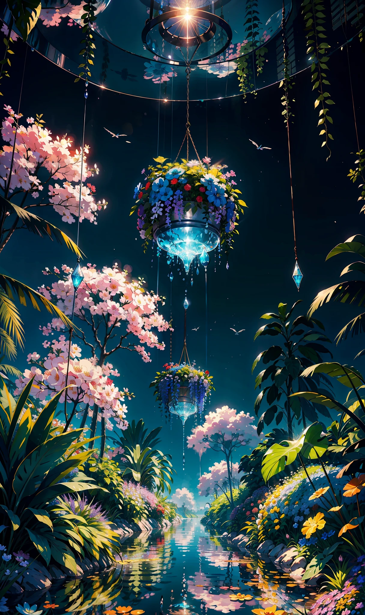 Wallpaper, fantasy hanging garden, blue sky, floating flower sea, colorful flowers. Crystal fountain, HD detail, hyper-detail, cinematic, surrealism, soft light, deep field focus bokeh, ray tracing, diffuse (ultra-fine glass reflections), and hyperrealism. --v 6