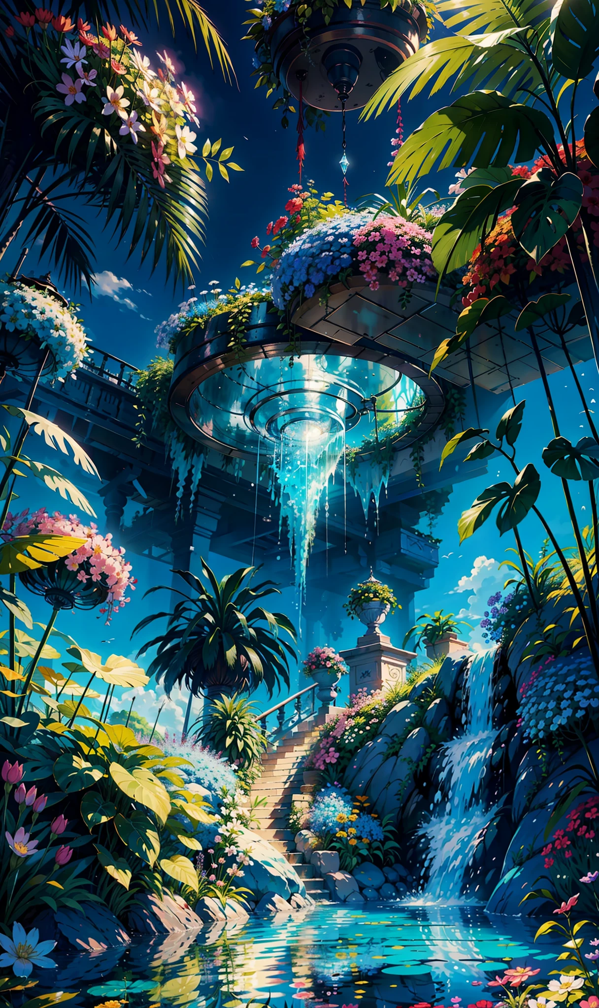 Wallpaper, fantasy hanging garden, blue sky, floating flower sea, colorful flowers. Crystal fountain, HD detail, hyper-detail, cinematic, surrealism, soft light, deep field focus bokeh, ray tracing, diffuse (ultra-fine glass reflections), and hyperrealism. --v 6