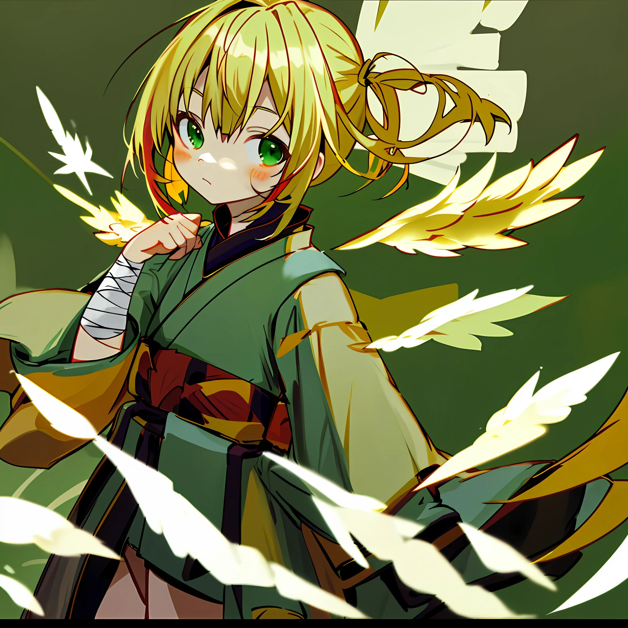 Loli character with blonde hair, green eyes and dressed in kimono , bandages