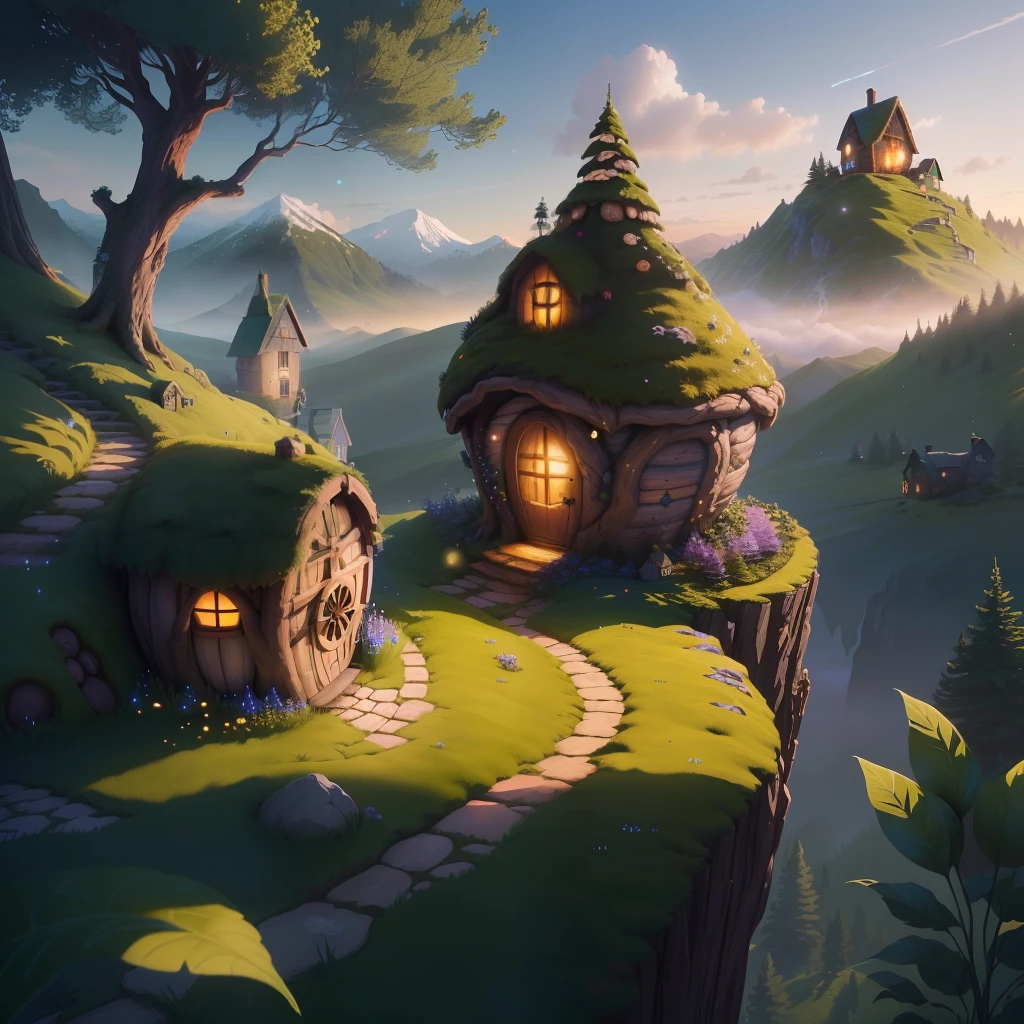 fairies sprinkling fairy dust on isolated hobbit house on a hill, dreamlike creation, 8K-upscale —-