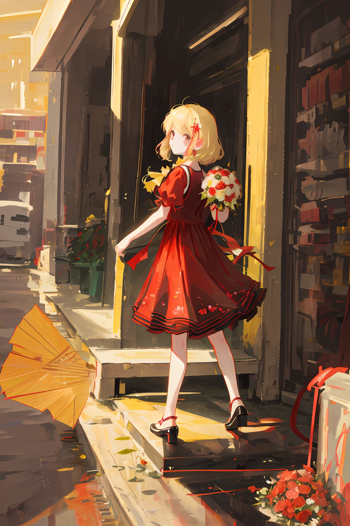 a girl, wearing a red ankle touching dress, holding a bouquet at her right hand, her left hand is holding a yellow umbrella, only her backside is shown, high profile cover photo