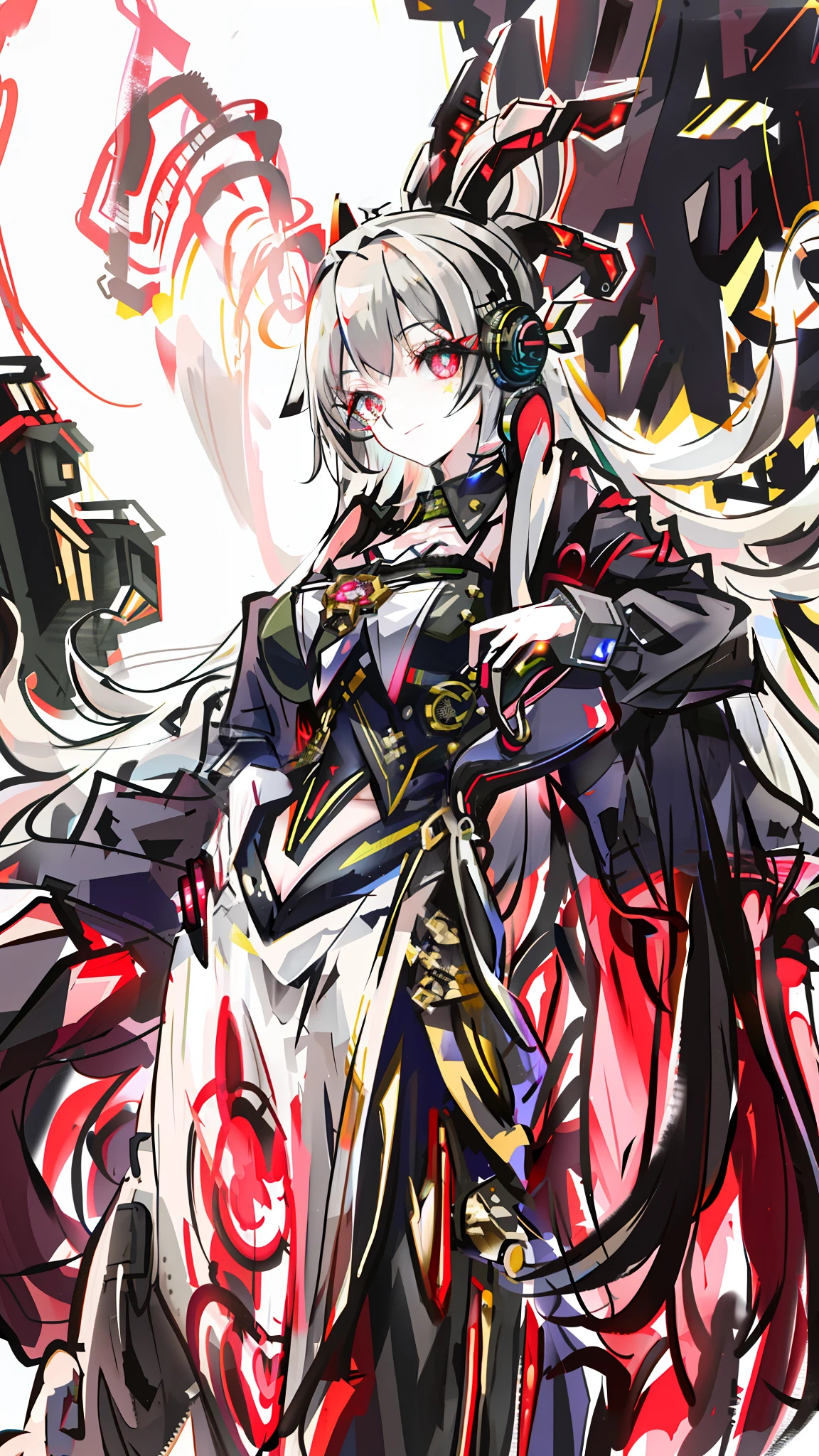 A highly detailed portrait of a solo 1girl standing on a street corner, during a rainstorm with lightning strikes and a cloudy sky, neon and cyberpunk background, she is wearing punk clothes with silver chains and silver spikes, wearing round glasses, Big breast,she has a butterfly wing hairclip in her wild hair, she has headphones and a necktie on, petite, detailed glowing red eyes with distinct pupils, ominous aura Halo, smile, punk, cyberpunk, backlighting, masterpiece, best quality, intricate detail, absurdres, chromatic aberration, depth of field, soft lighting, tone mapped, highly detailed, artstation, concept art, smooth, sharp focus, dramatic lighting, vampire queen, highly detailed artwork, pink lightning, cinematic, trending on Artstation, 8K, incredible shadows, (highly detailed background:1.0)