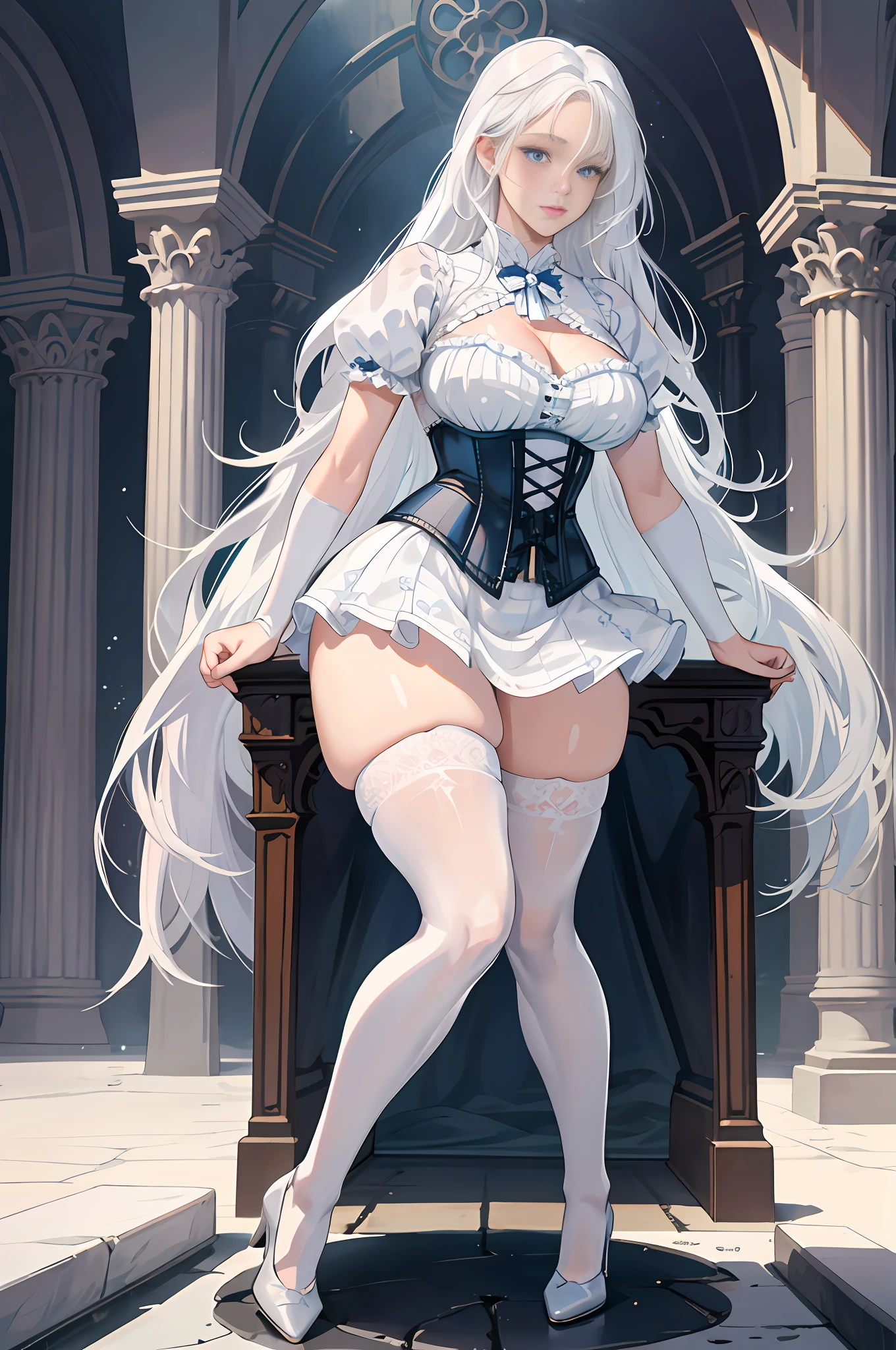 Ultra-realistic 8k CG, beautiful girl, breasts, white hair, blue eyes, puffiness, NSFW, plump body, corset, fleshy thighs, white patterned stockings, high heels, full body, looking at the audience, symmetry