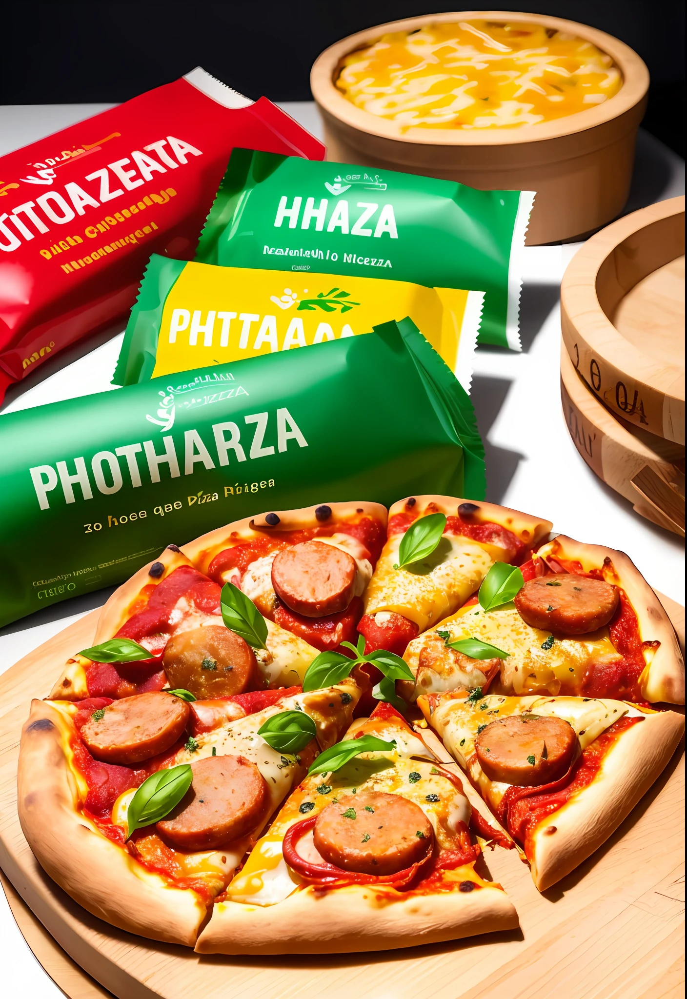 best quality, ultra high res, (photorealistic:1.4), ultra-detailed,incredibly detailed, foil package, pizza with sausage, bombay, olive, and cheese as topping
