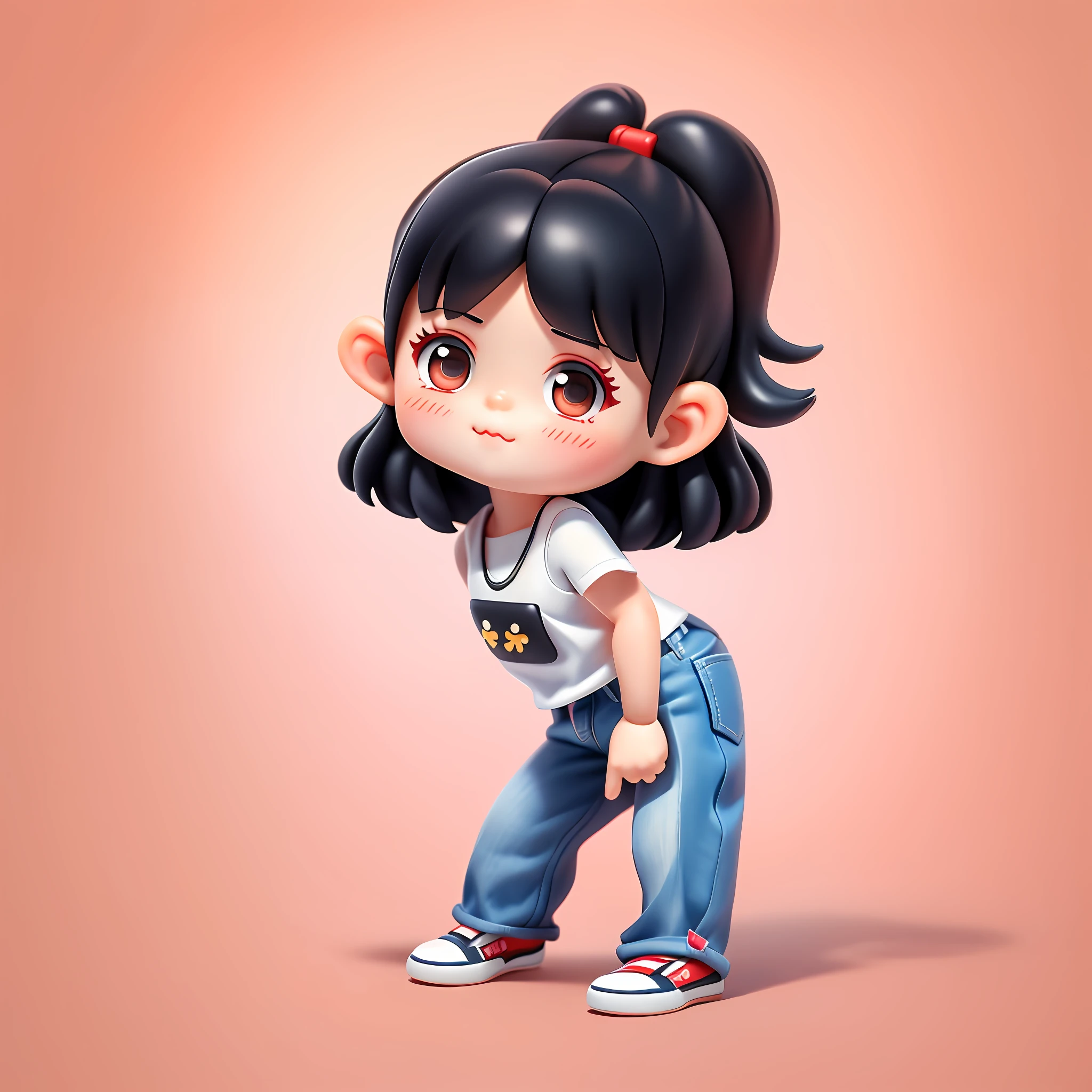 Blind box toy style, a cute little girl with cute face, black hair, white undershirt, jeans, flat shoes