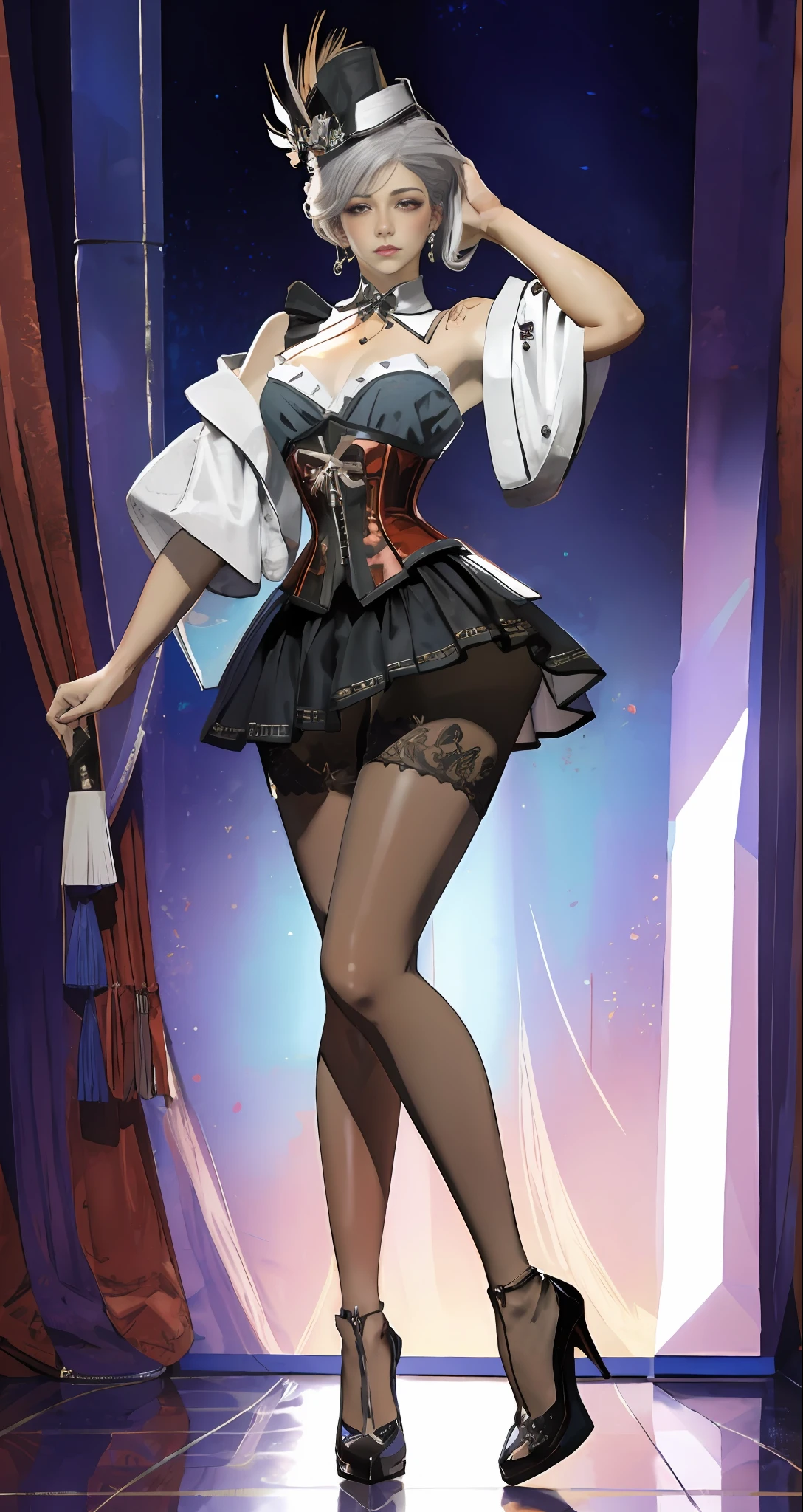 Unbeatable masterpiece, ultra-high resolution, best quality, 8K, official art, very detailed, realistic, realistic, cinematic lighting, perfect female figure, detailed background, looking at the audience, slim, shiny red eyes, blushing, heavy breathing, silver hair, face makeup, corset, pantyhose, high heels, wet, puffiness, standing, sexy pose, seduction pose, sweaty body, realcumAI, ulzzang-6500-v1.1,