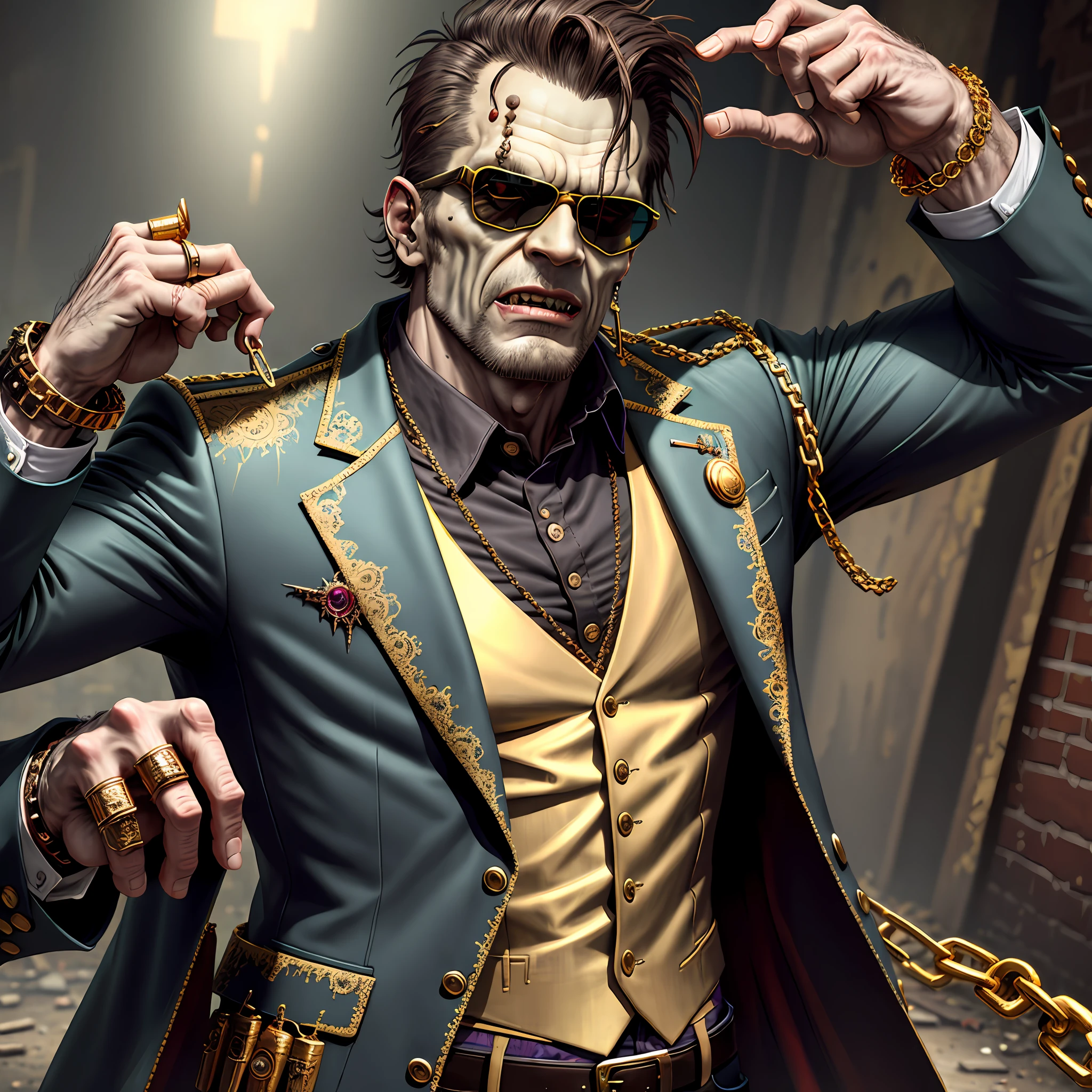 Zombie Frankenstein, sunglasses, gold watch, thick chains, torn old suit, ((hyper detailed)), (not duplicated),