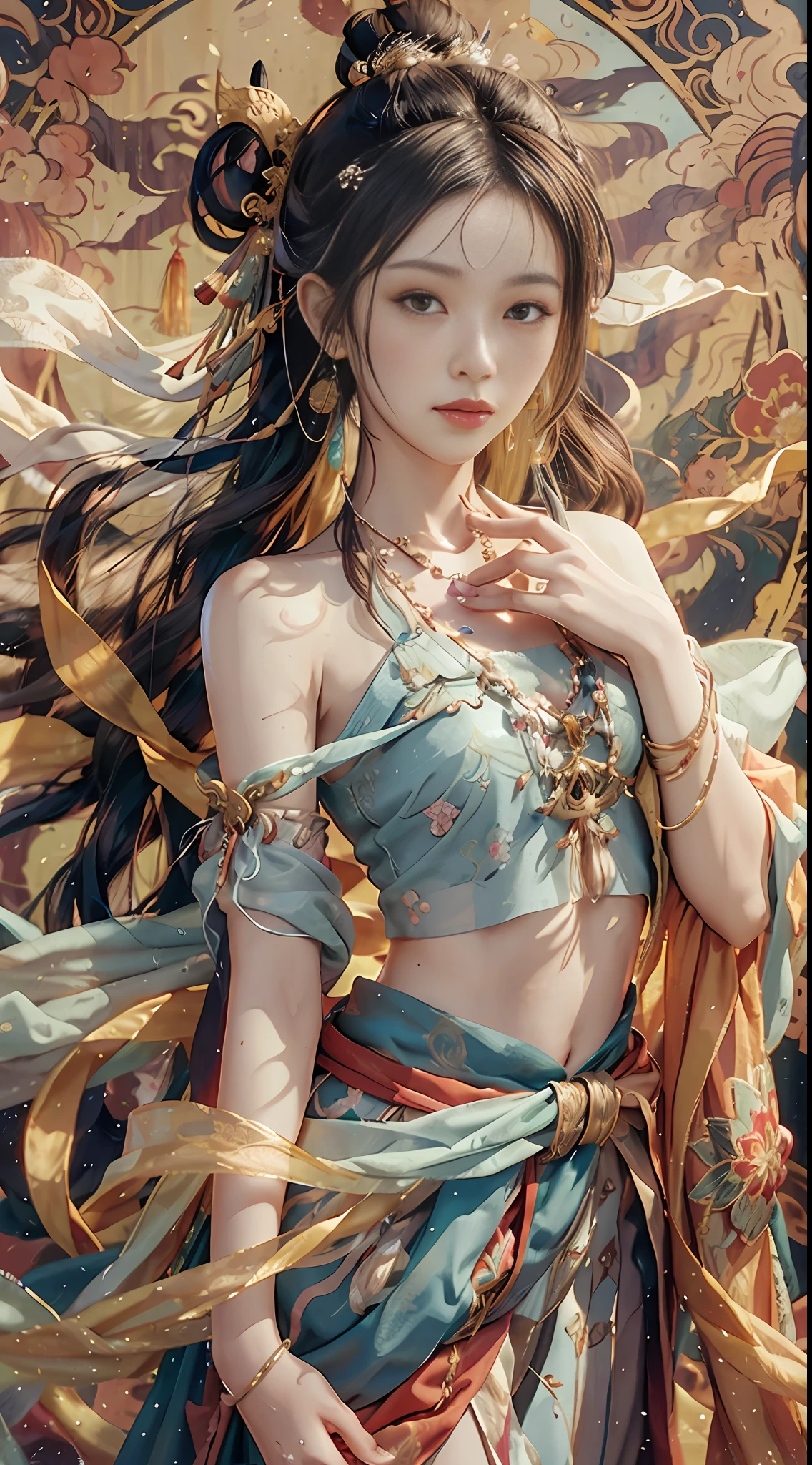 An ancient Chinese beauty with gorgeous costumes embroidered with intricate embroidery, with transparent colorful streamers tied around her arms, flowing, showing her navel, bare shoulders, open neck with buns, flower hairpins, armbands tied with streamers, bracelets, anklets , with metal chain tassels around the waist, Mogao Grottoes art, Dunhuang Flying Apsaras mural inspiration, ink wash, cgstation popular --v 6