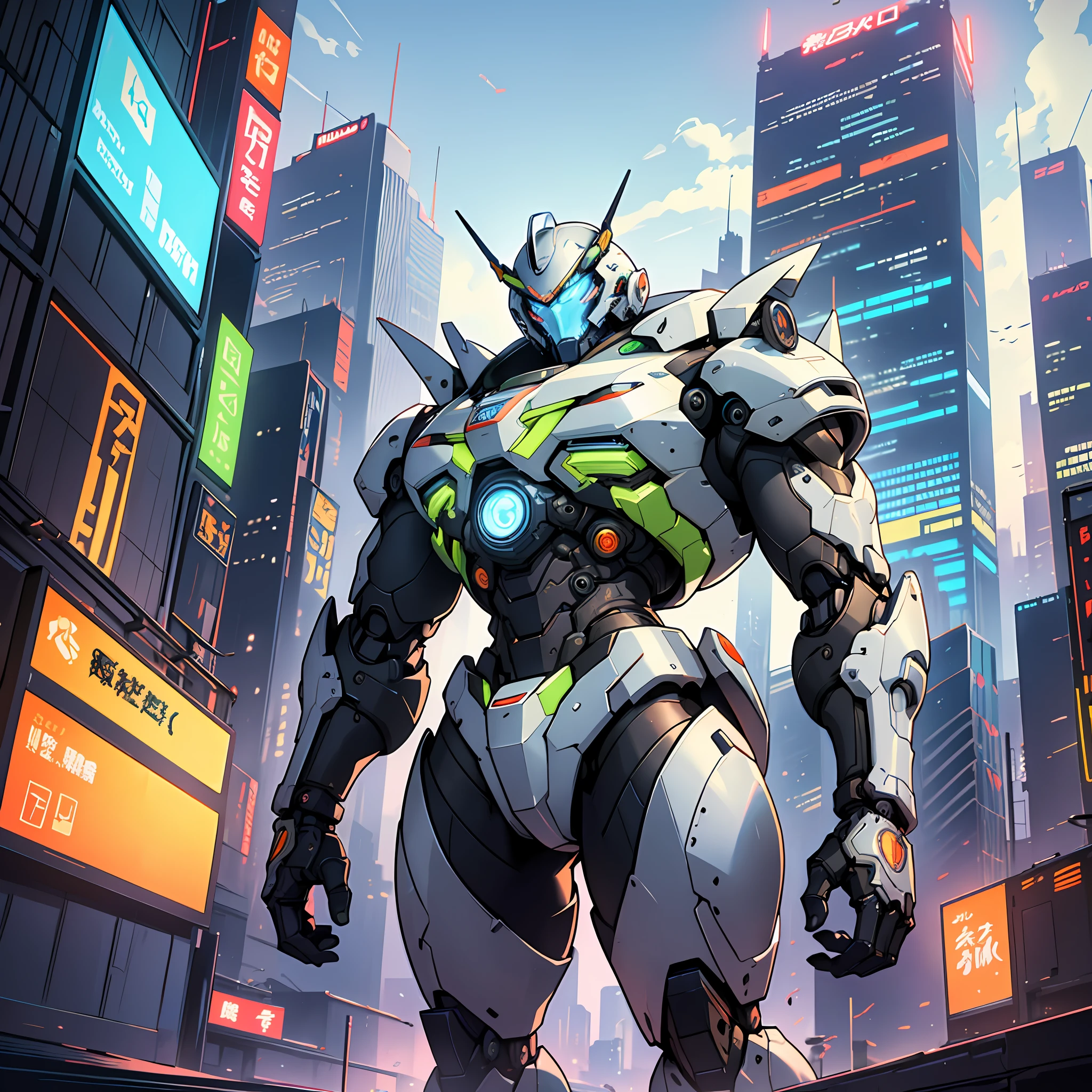 Imagine a stylish mecha [Akira Toriyama style, Anna Dietman style, Artigalan style, Van Gogh style]. Mechs should have intricate details such as rivets, panels, and visible mechanical structures. The color scheme should be bold and eye-catching, mixing metallic tones and bright accents. The environment should be an urban landscape, with tall buildings and neon lights creating a futuristic feel. The atmosphere should be tense and action-packed, and the mech is ready for battle and exudes an imposing presence. Tips should be implemented in the form of digital illustrations, with an emphasis on creating cinematic effects with vibrant colors and intricate details.