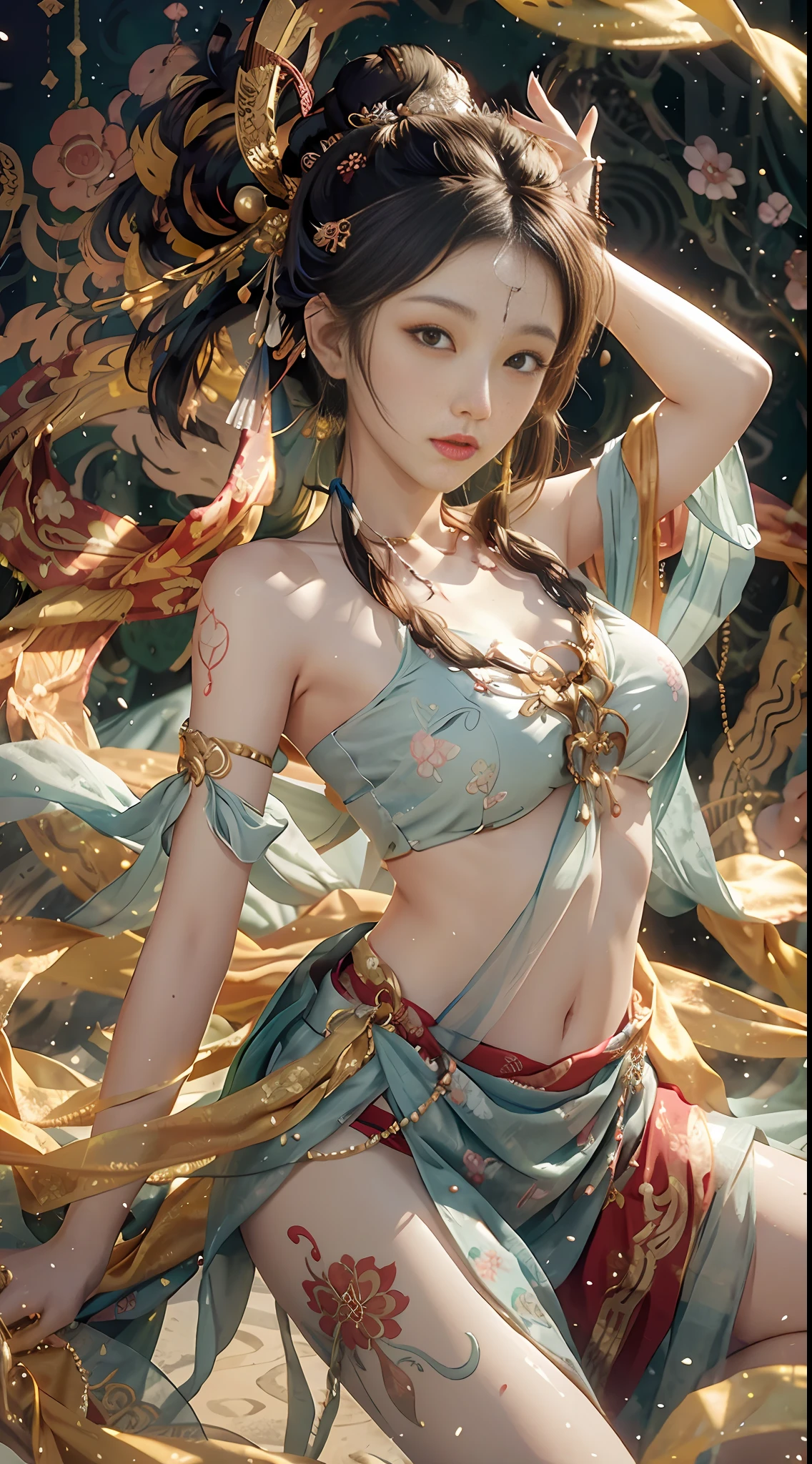 An ancient Chinese beauty with gorgeous costumes embroidered with intricate embroidery, with transparent colorful streamers tied around her arms, flowing, showing her navel, bare shoulders, open neck with buns, flower hairpins, armbands tied with streamers, bracelets, anklets , with metal chain tassels around the waist, Mogao Grottoes art, Dunhuang Flying Apsaras mural inspiration, ink wash, cgstation popular --v 6