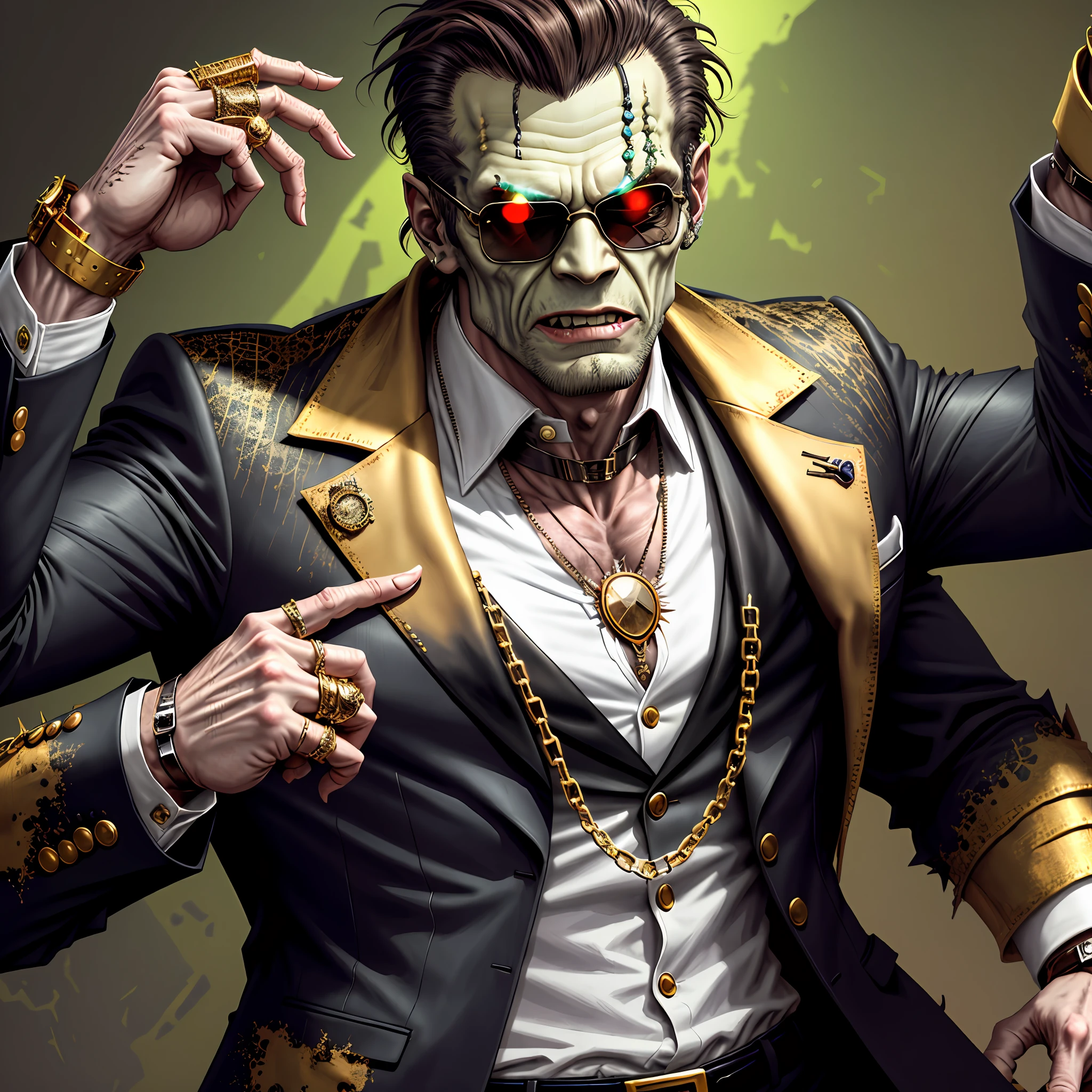 Zombie Frankenstein, sunglasses, gold watch, thick chains, torn old suit, ((hyper detailed)), (not duplicated),